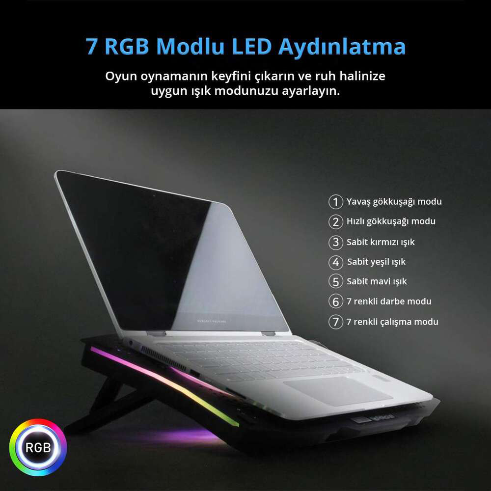 Bir dizüstü bilgisayar, çeşitli aydınlatma modlarını gösteren RGB aydınlatmalı stantta duruyor.