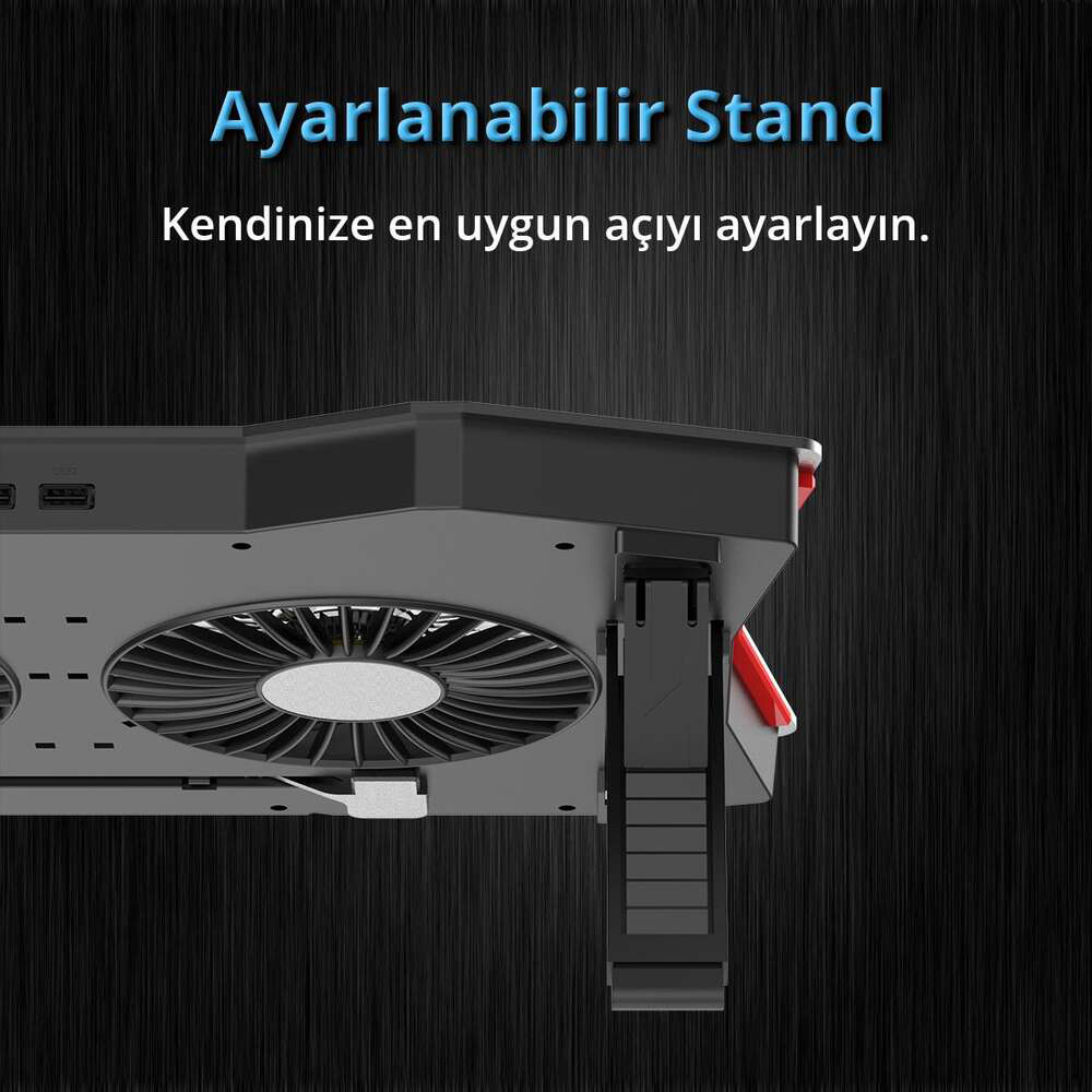 Siyah dizüstü bilgisayar standı, fanlı ve ayarlanabilir destekli, koyu arka plan.