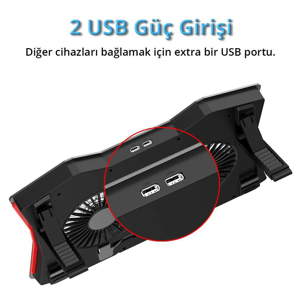 Fanlı ve çoklu USB bağlantı noktalı siyah dizüstü bilgisayar standı.