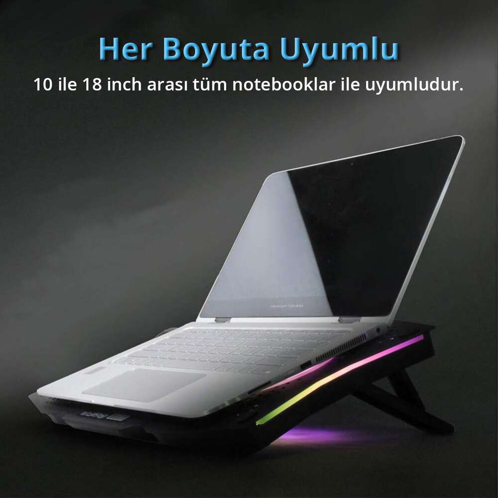 RGB aydınlatmalı bir stant üzerinde dizüstü bilgisayar.