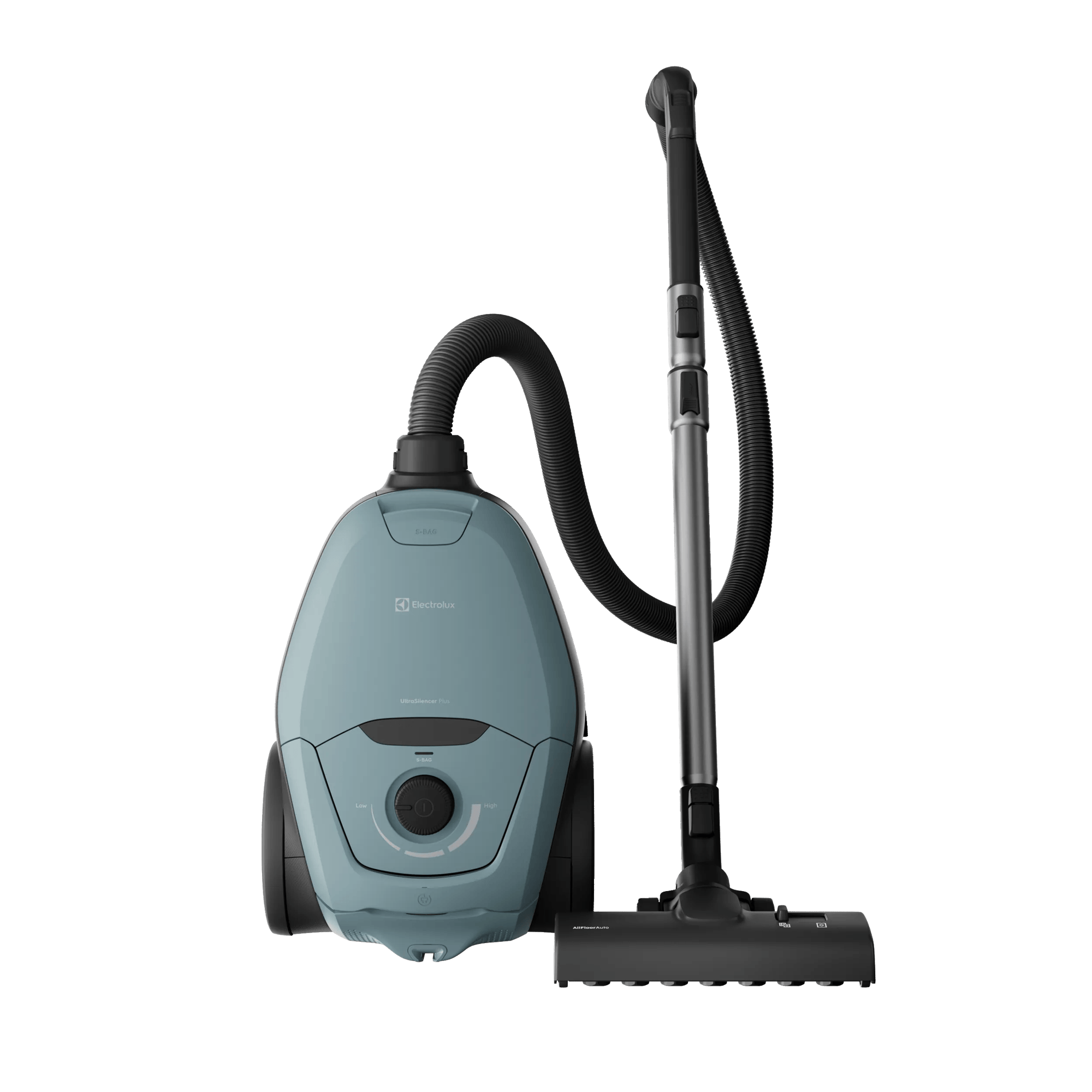 Un aspirapolvere Electrolux azzurro con tubo, asta e spazzola neri.