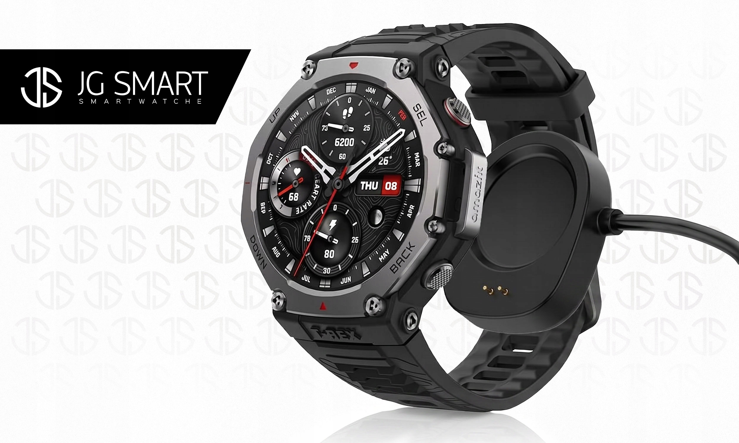 Czarny smartwatch z podstawką ładującą i szczegółową tarczą.