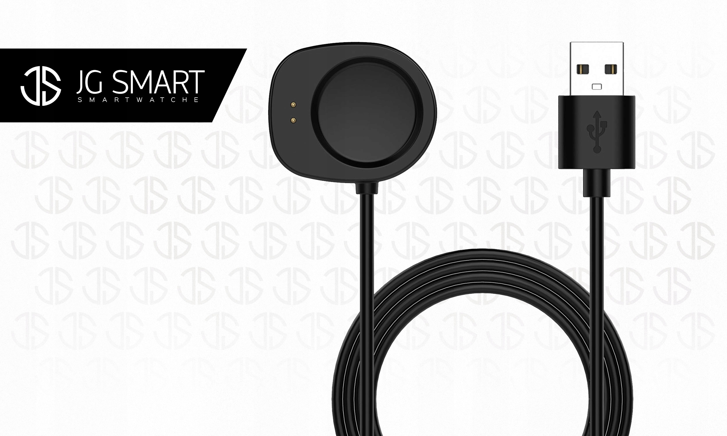 Czarna ładowarka do smartwatcha z kablem USB. Widoczne logo JG SMART.