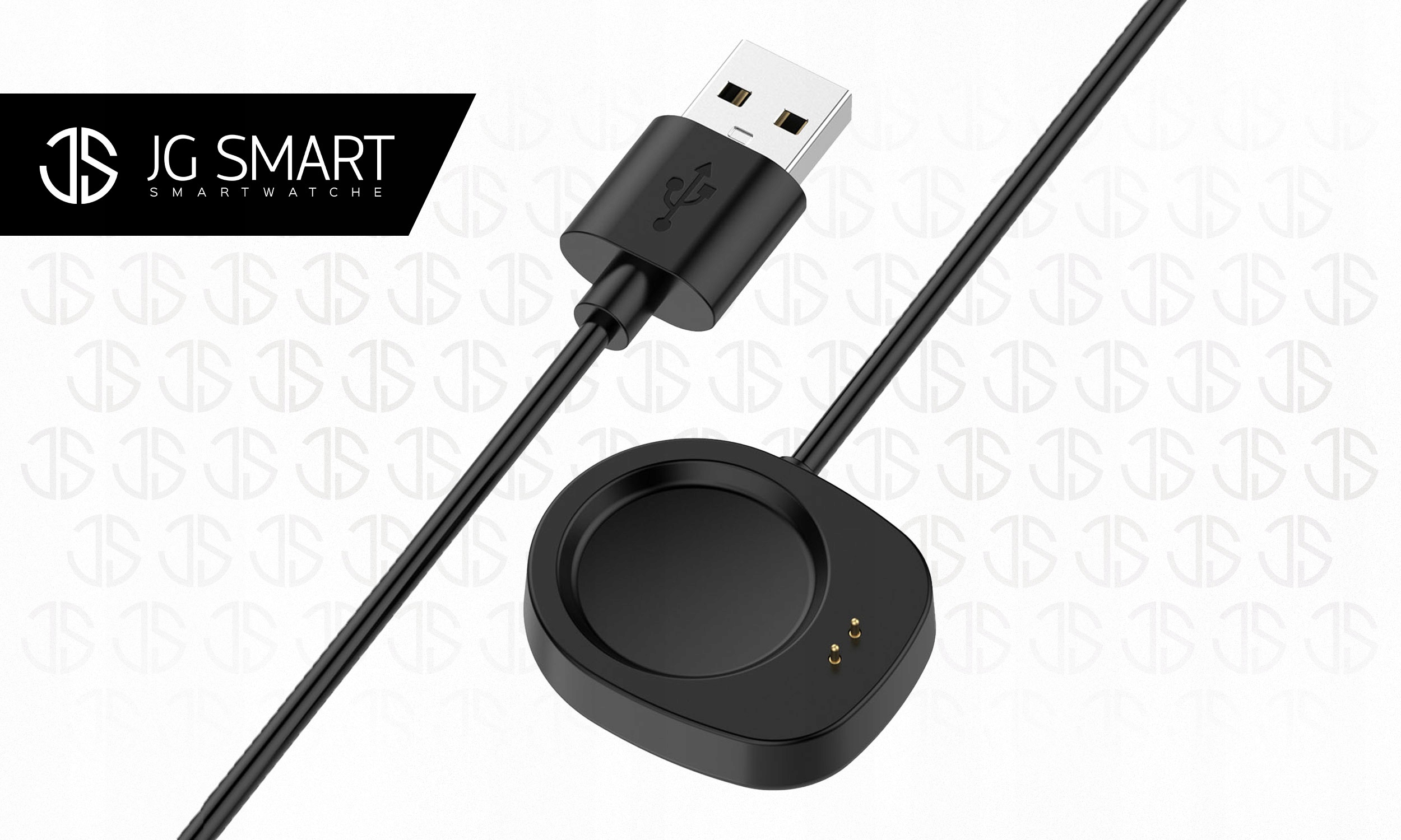 Czarny kabel ładujący USB i stacja ładująca do smartwatcha, z logo.