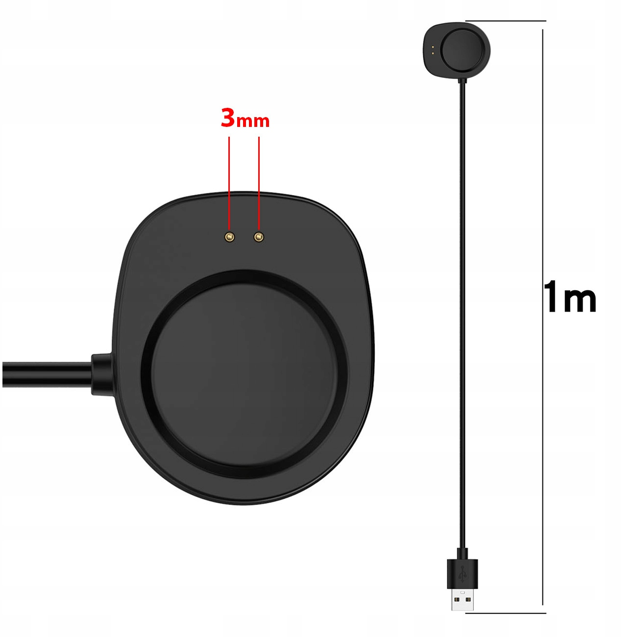 Czarna ładowarka do smartwatcha z kablem 1m i złączem USB.