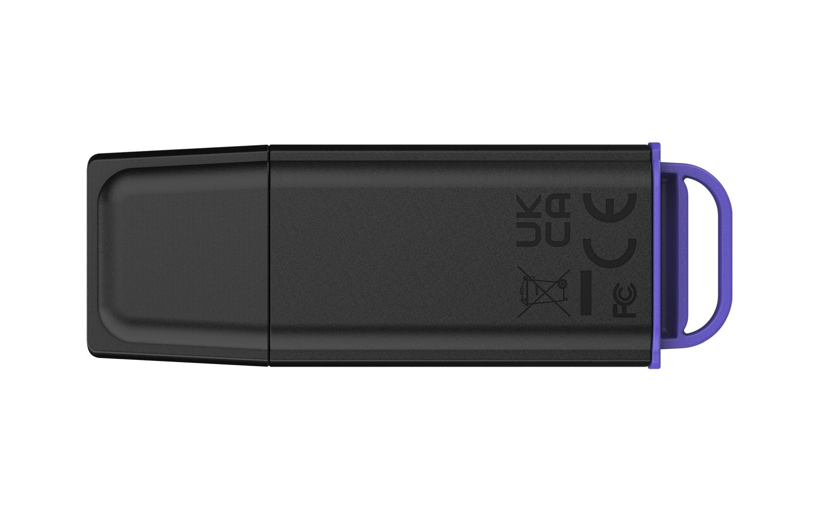 Czarny pendrive z fioletową nakładką i oznaczeniami CE/FC/UKCA.