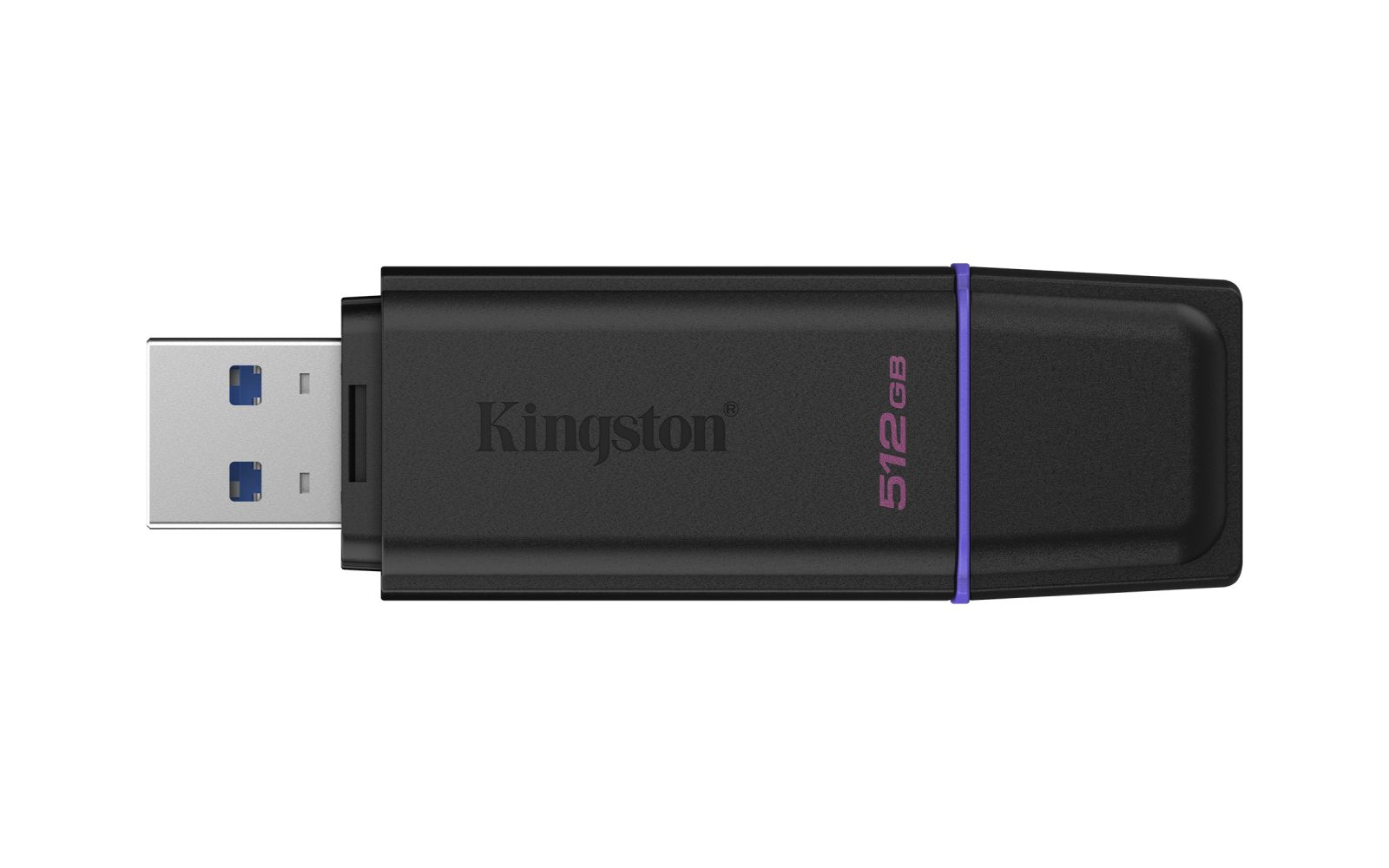 Czarny pendrive Kingston 512 GB z fioletową opaską.