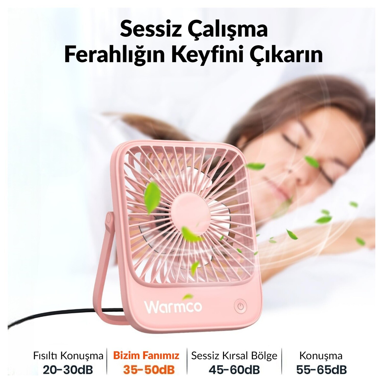 Pembe bir vantilatör uyuyan bir kadının önünde. Yapraklar hareket ediyor.