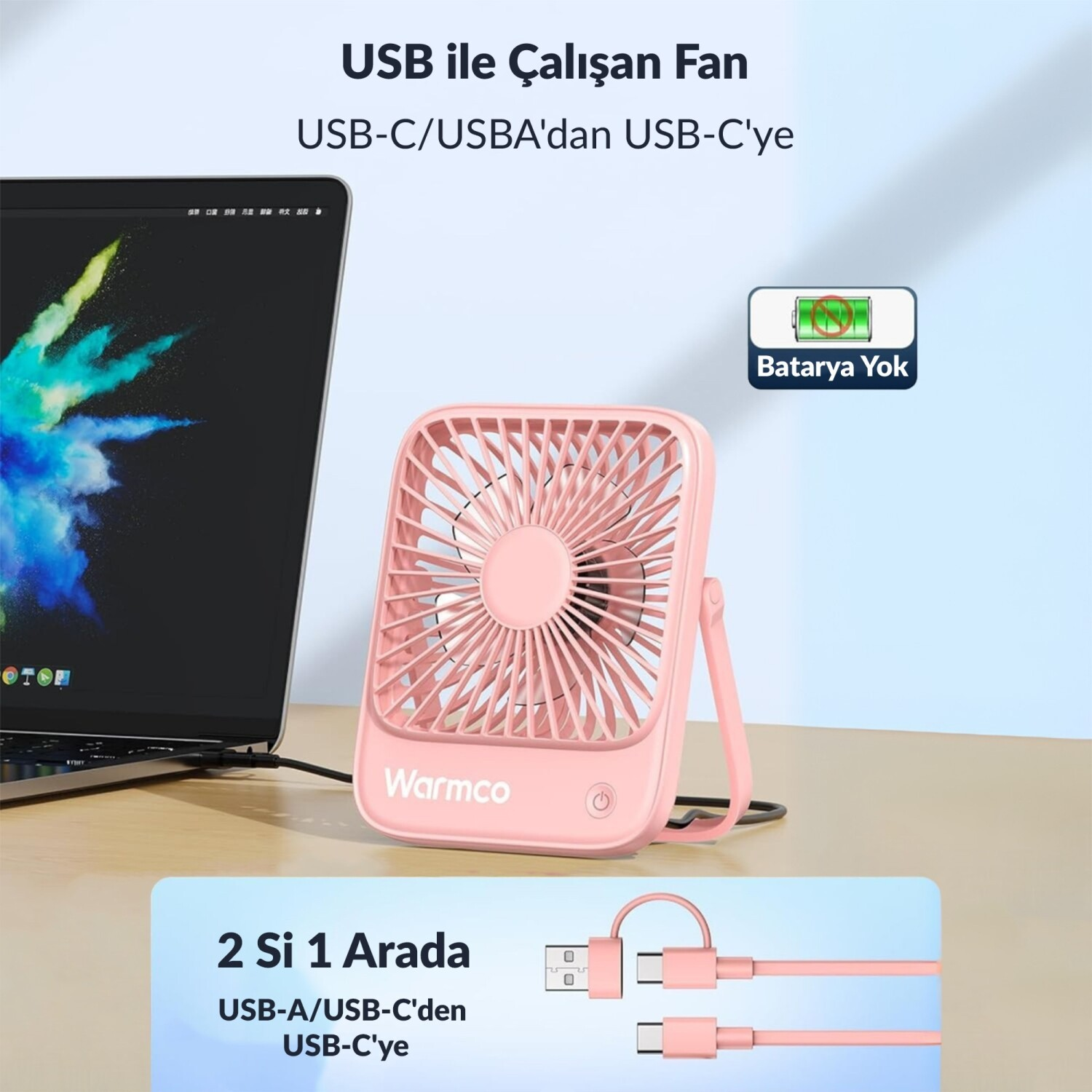 Ekran koruyucu gösteren dizüstü bilgisayarın yanında pembe USB fan. Pili yok.