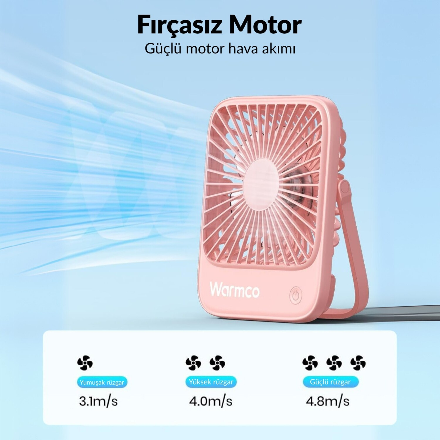 Üç hız ayarı gösteren küçük pembe bir fan: Nazik, Yüksek, Güçlü.