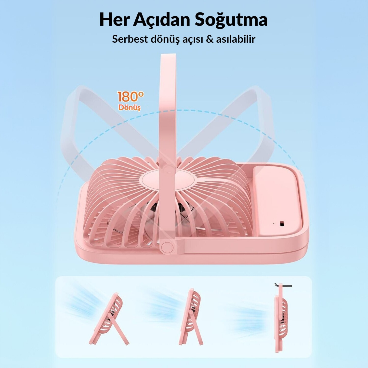 180 derece dönen pembe vantilatör, açık mavi arka plan üzerinde.