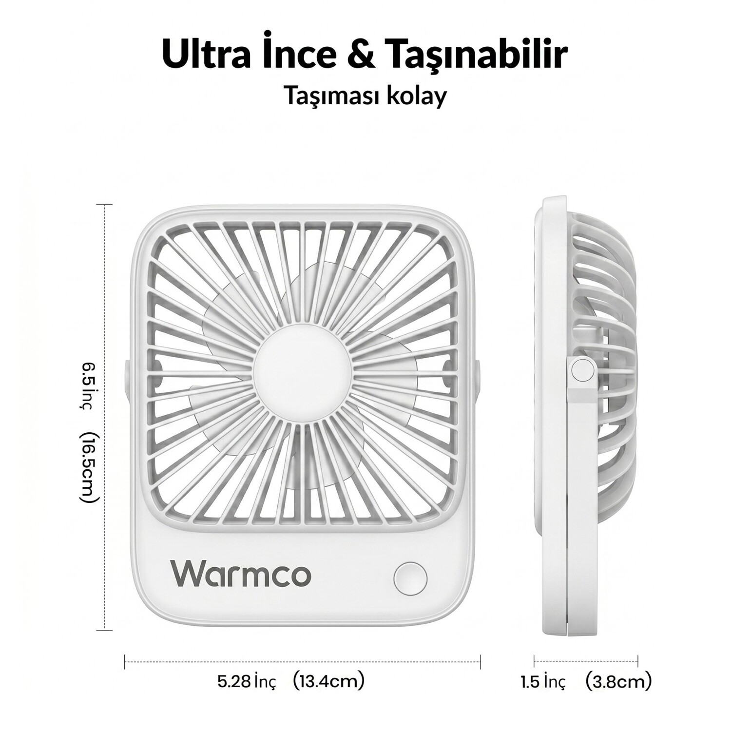 Beyaz Warmco taşınabilir fan, boyutlar 16,5 cm Y, 13,4 cm G, 3,8 cm D.