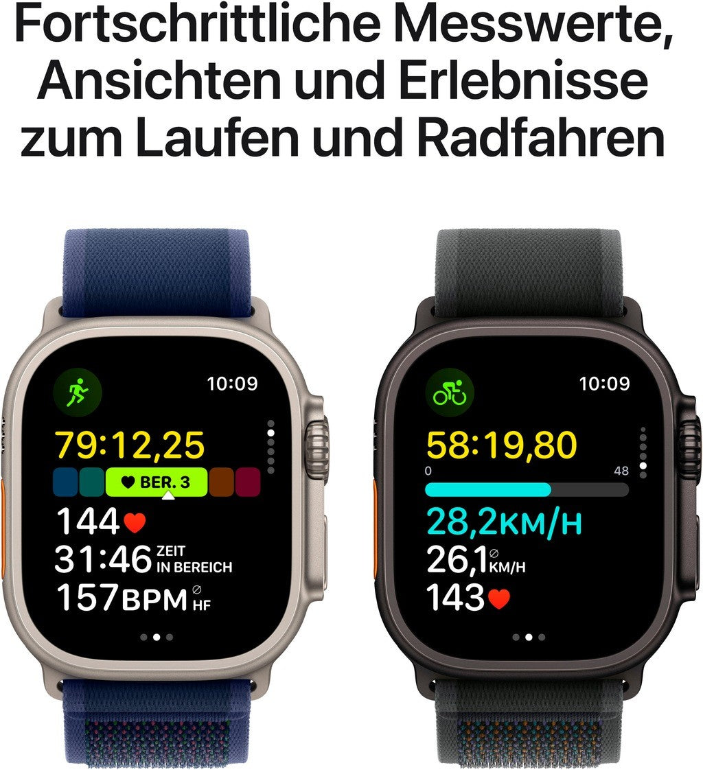 Zwei Smartwatches zeigen Trainingsdaten für Laufen und Radfahren an.