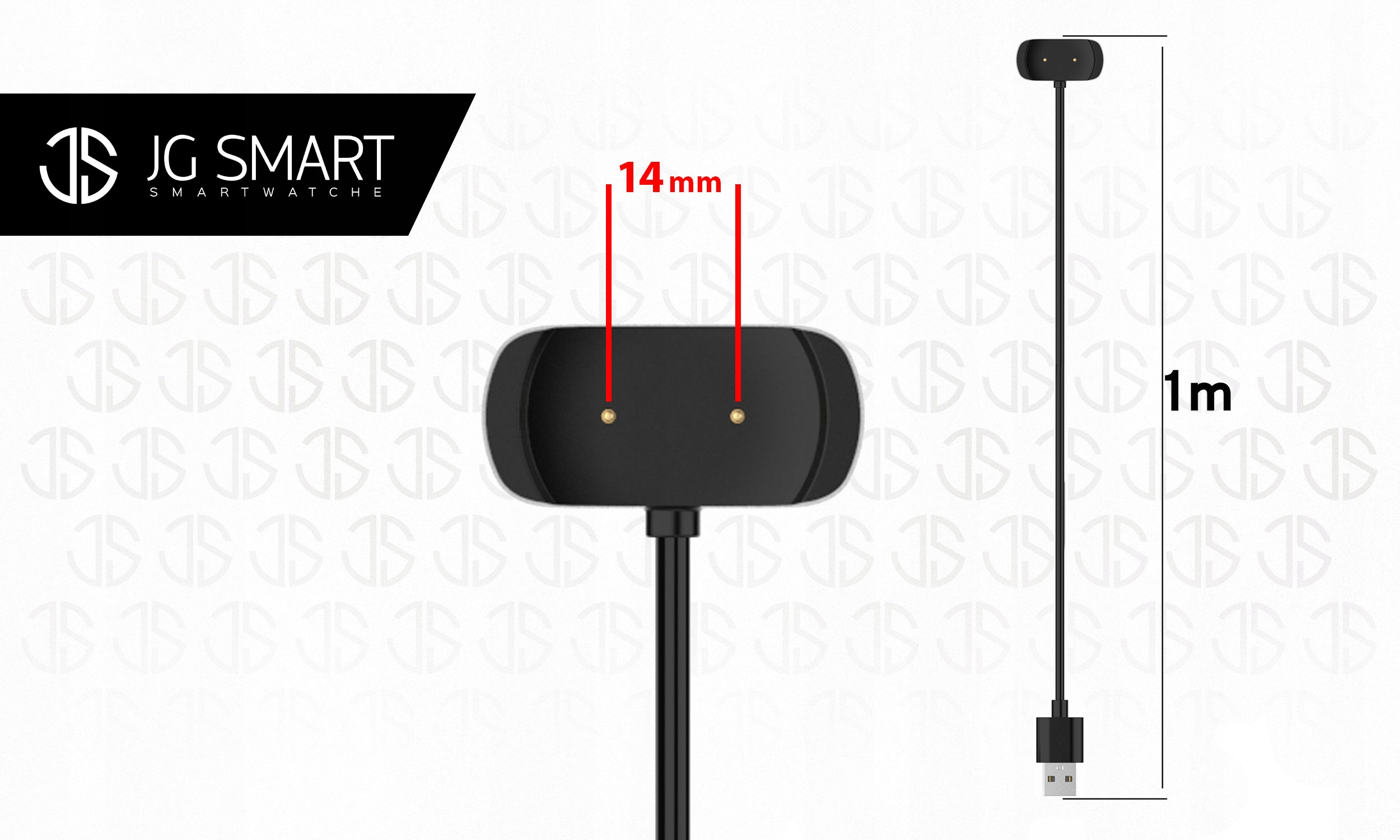 Czarna ładowarka do smartwatcha z kablem USB. Wskazano 14 mm i 1 m.