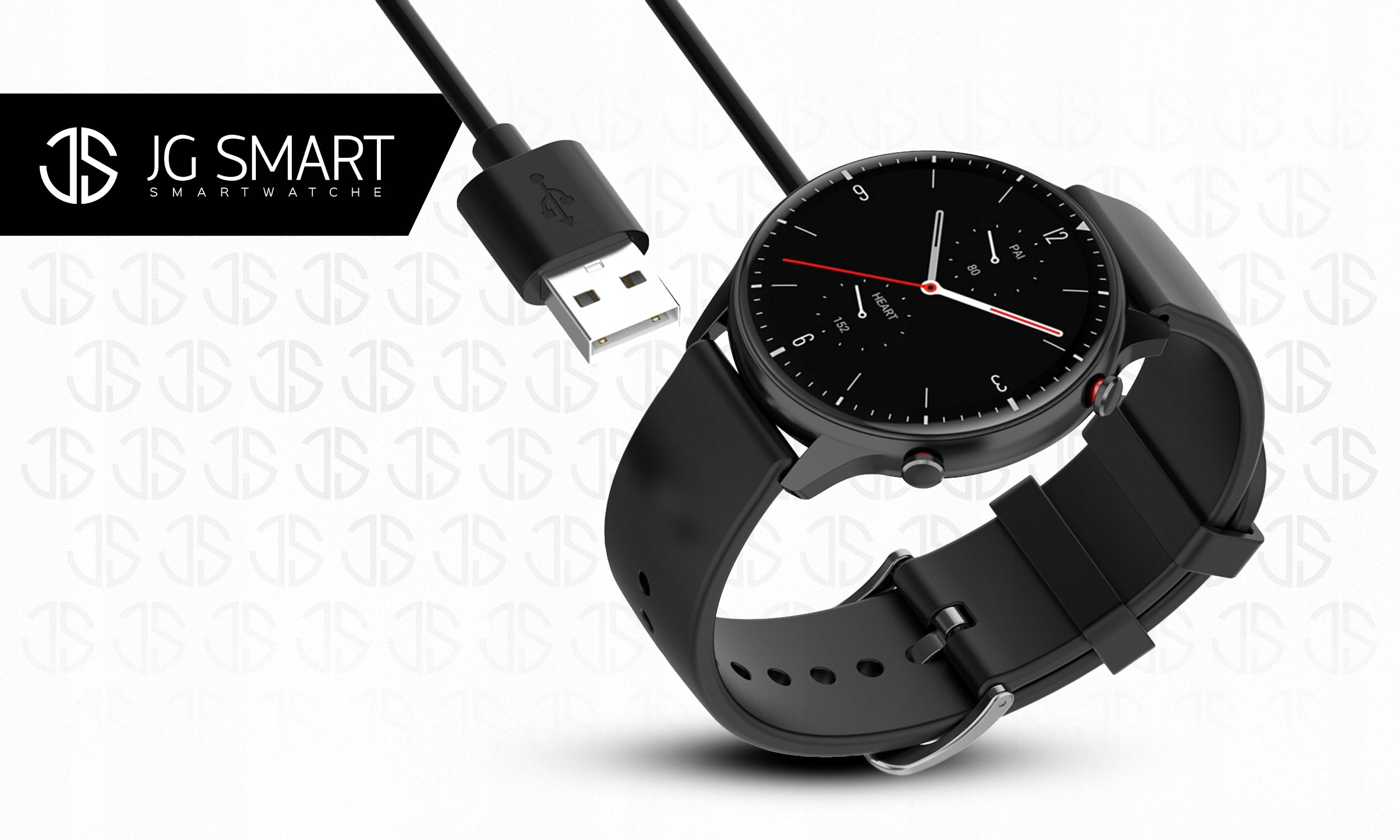 Czarny smartwatch z kablem ładującym i złączem USB. Logo w lewym górnym rogu.
