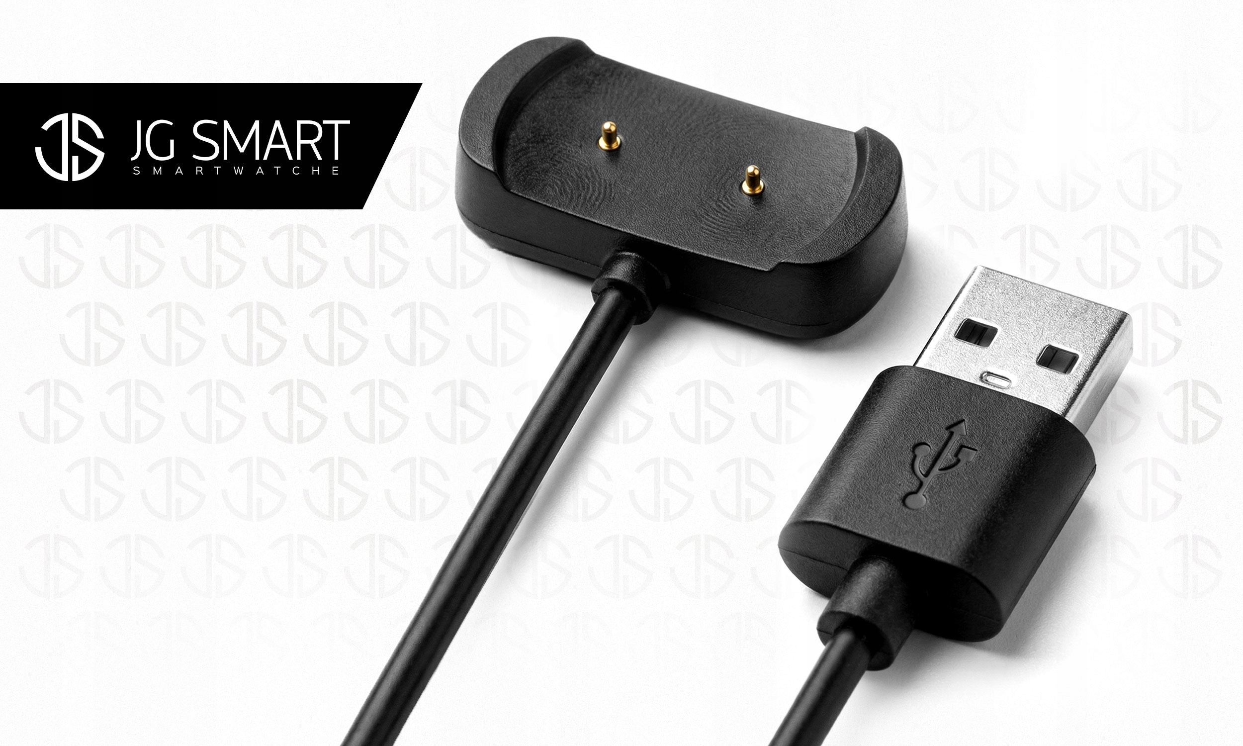 Czarna ładowarka do smartwatcha ze złączem USB i stacją ładującą.