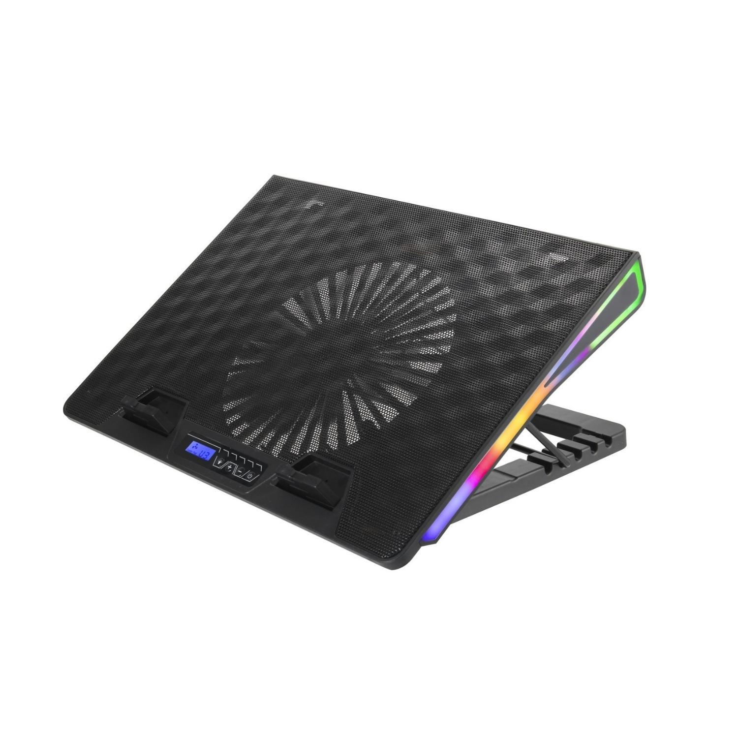 Fanlı ve RGB aydınlatmalı siyah dizüstü bilgisayar standı.