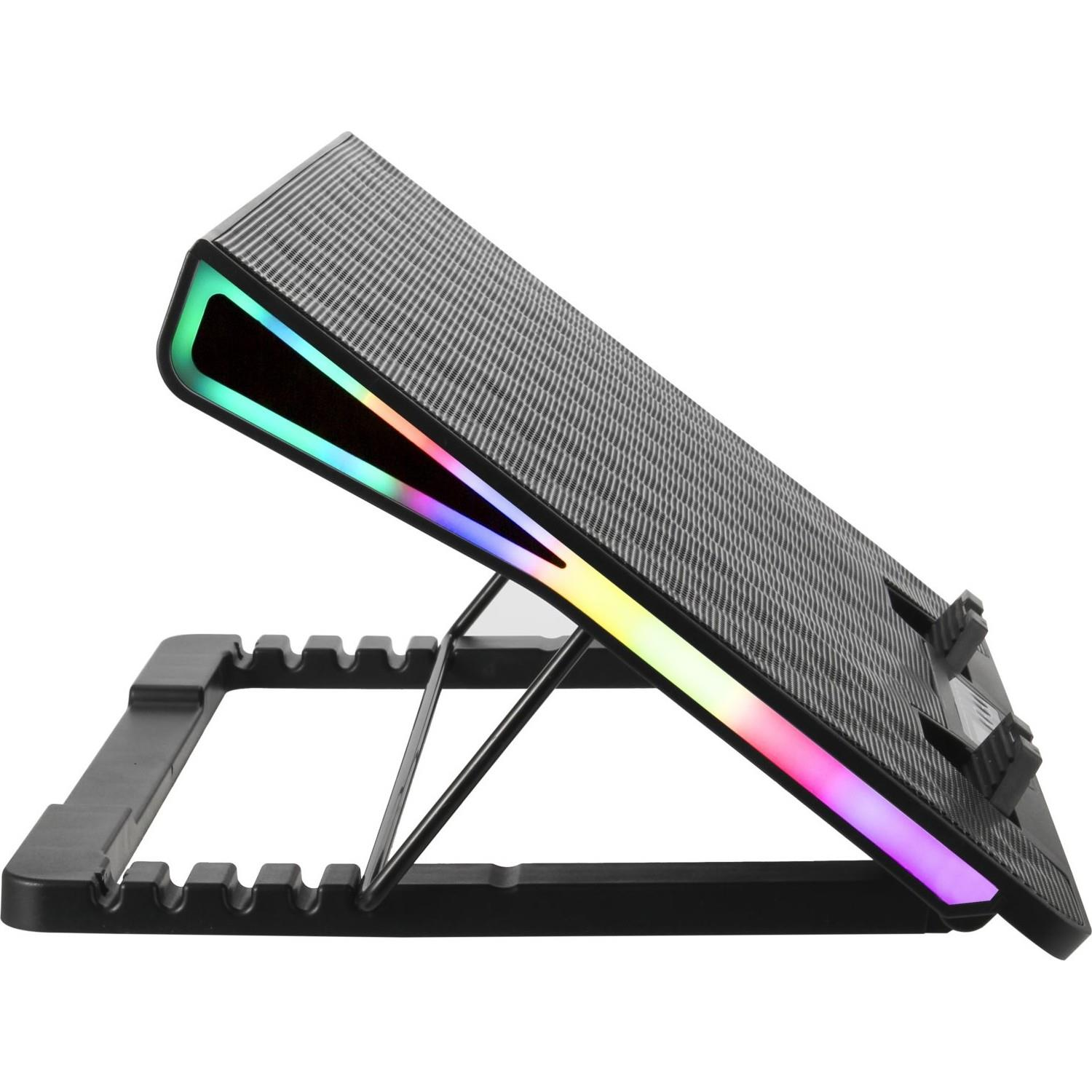 Kanallı yüzeyli siyah RGB aydınlatmalı dizüstü bilgisayar standı.