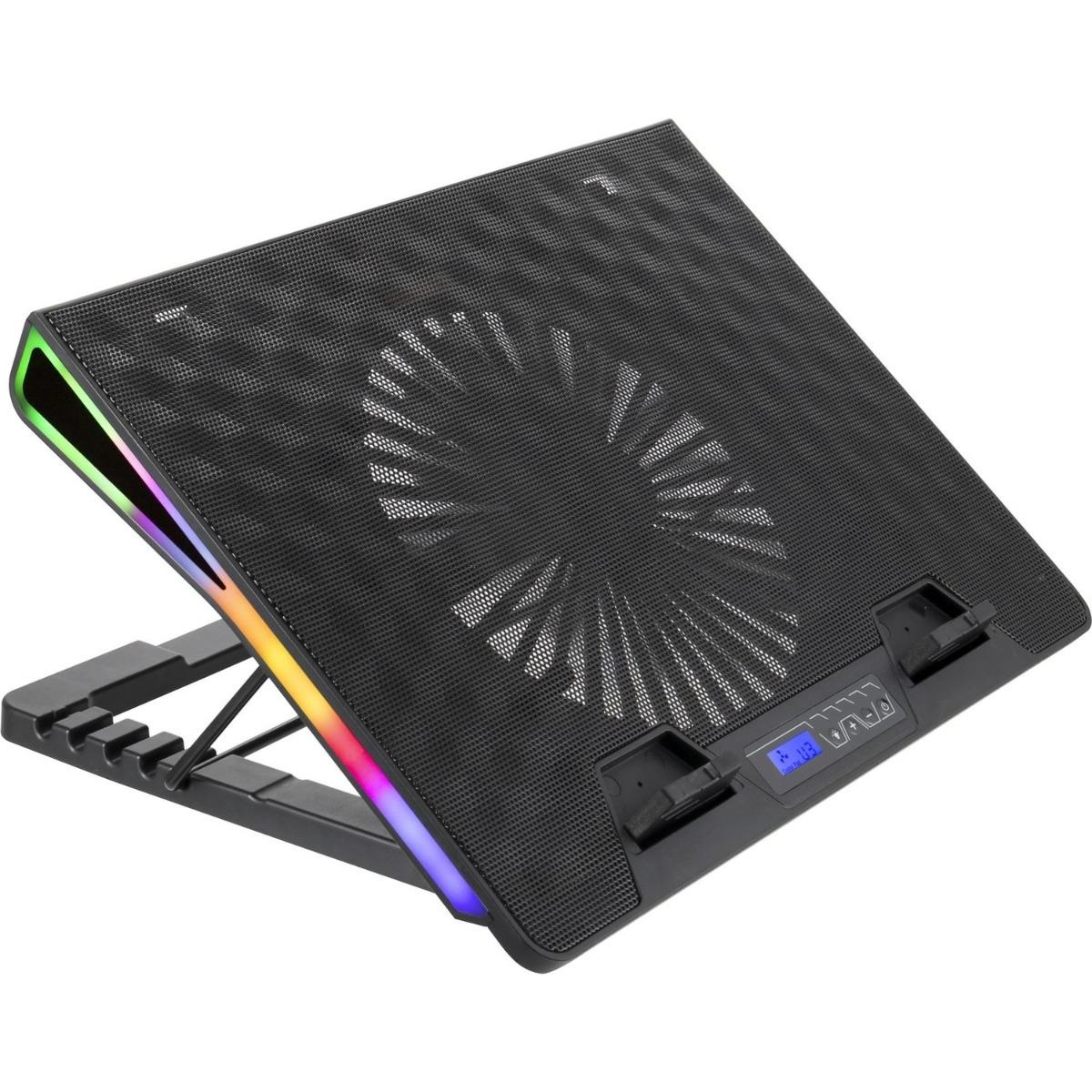RGB aydınlatmalı siyah dizüstü bilgisayar soğutucu ve fan. Dijital ekran.