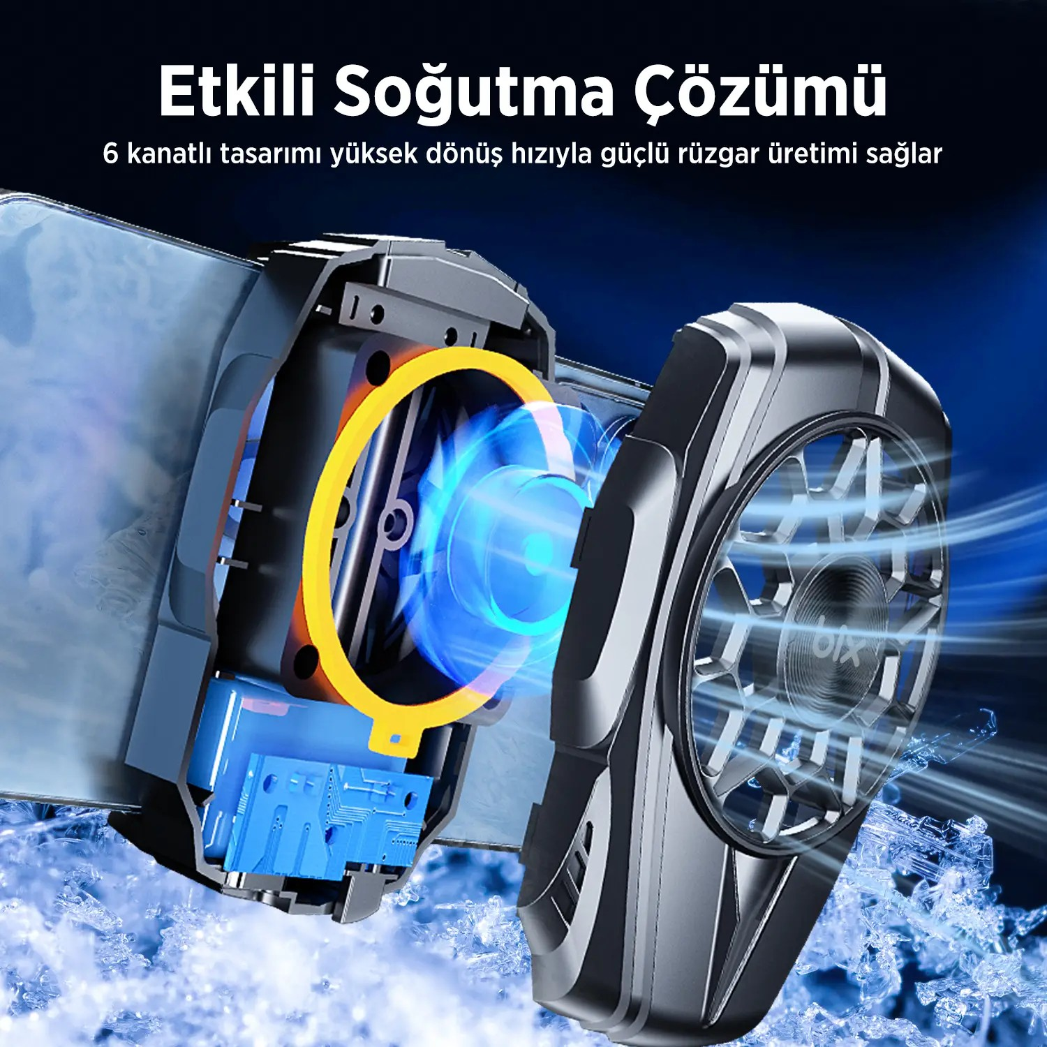 Görünür devre kartı ve fanlı akıllı telefon soğutucu, buzla çevrili.