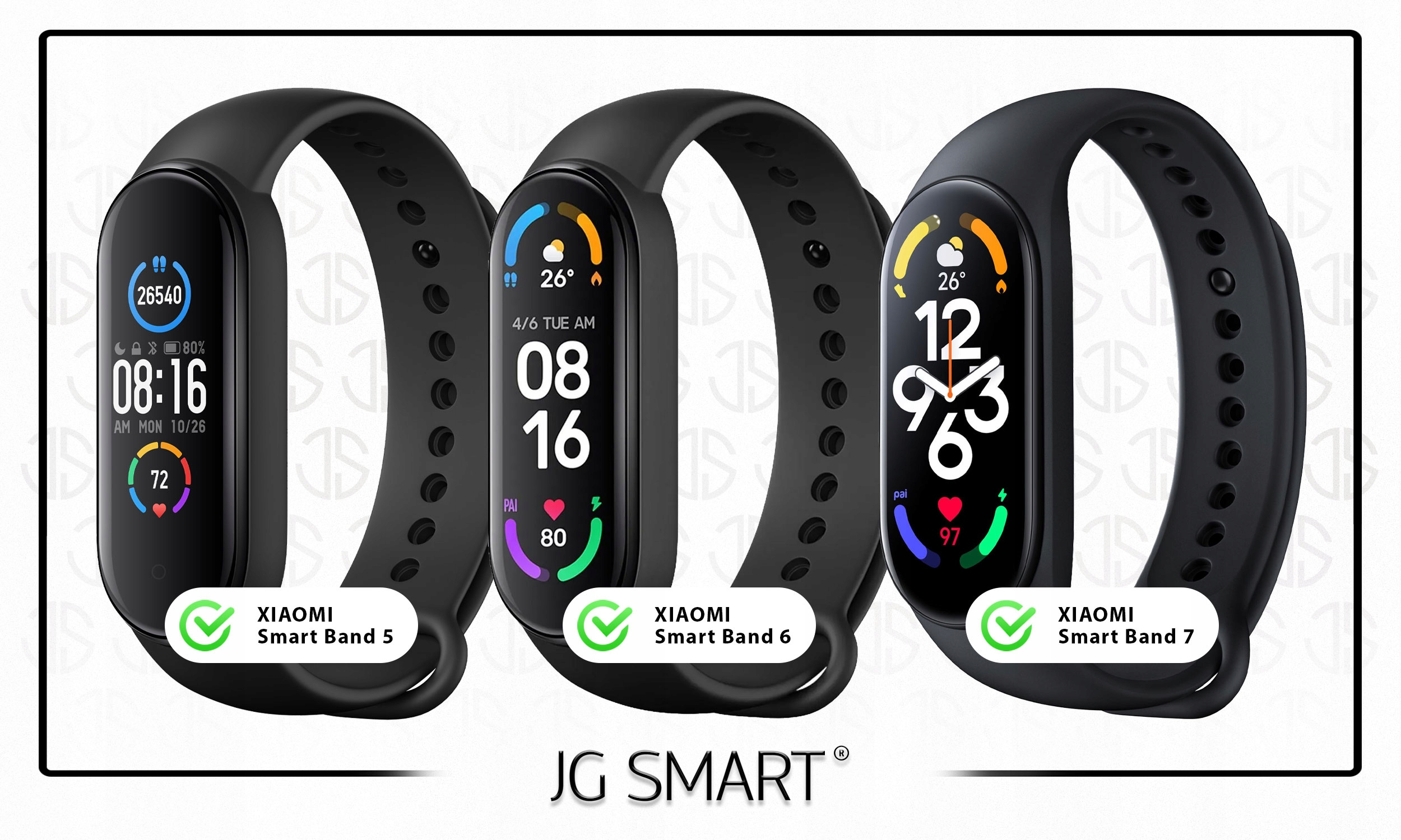 Trzy czarne opaski Xiaomi Smart Band obok siebie. Opaska 5 po lewej, 6 w środku, 7 po prawej.