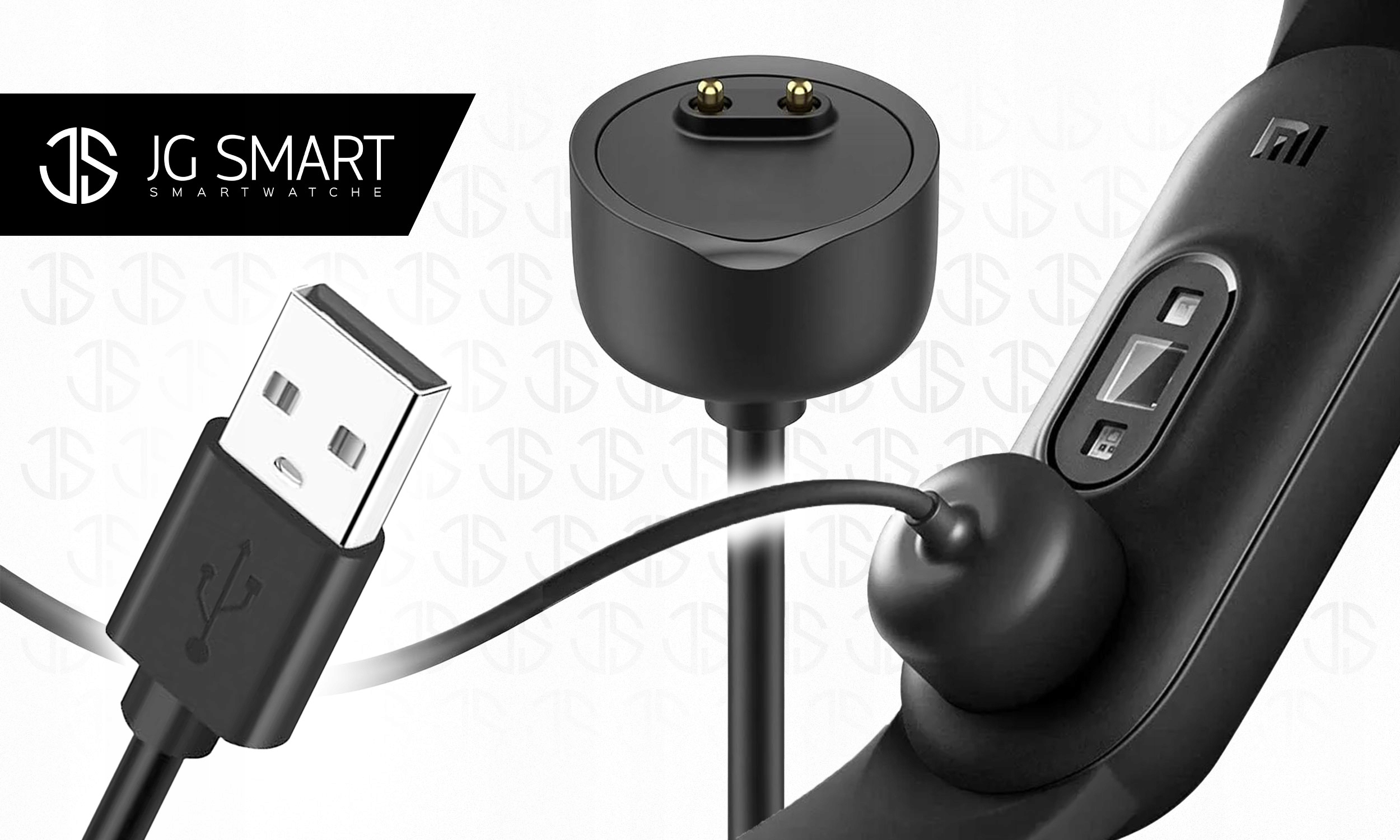 Czarny kabel USB i adapter ładowania do opaski smartwatcha.