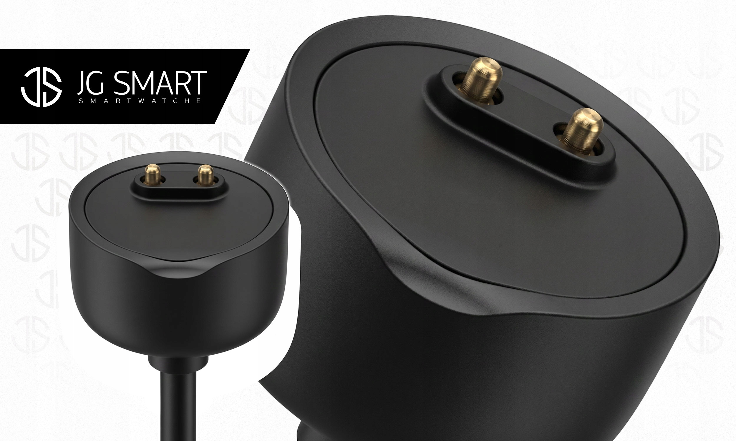 Czarny kabel ładujący z dwoma złotymi pinami do smartwatchów.