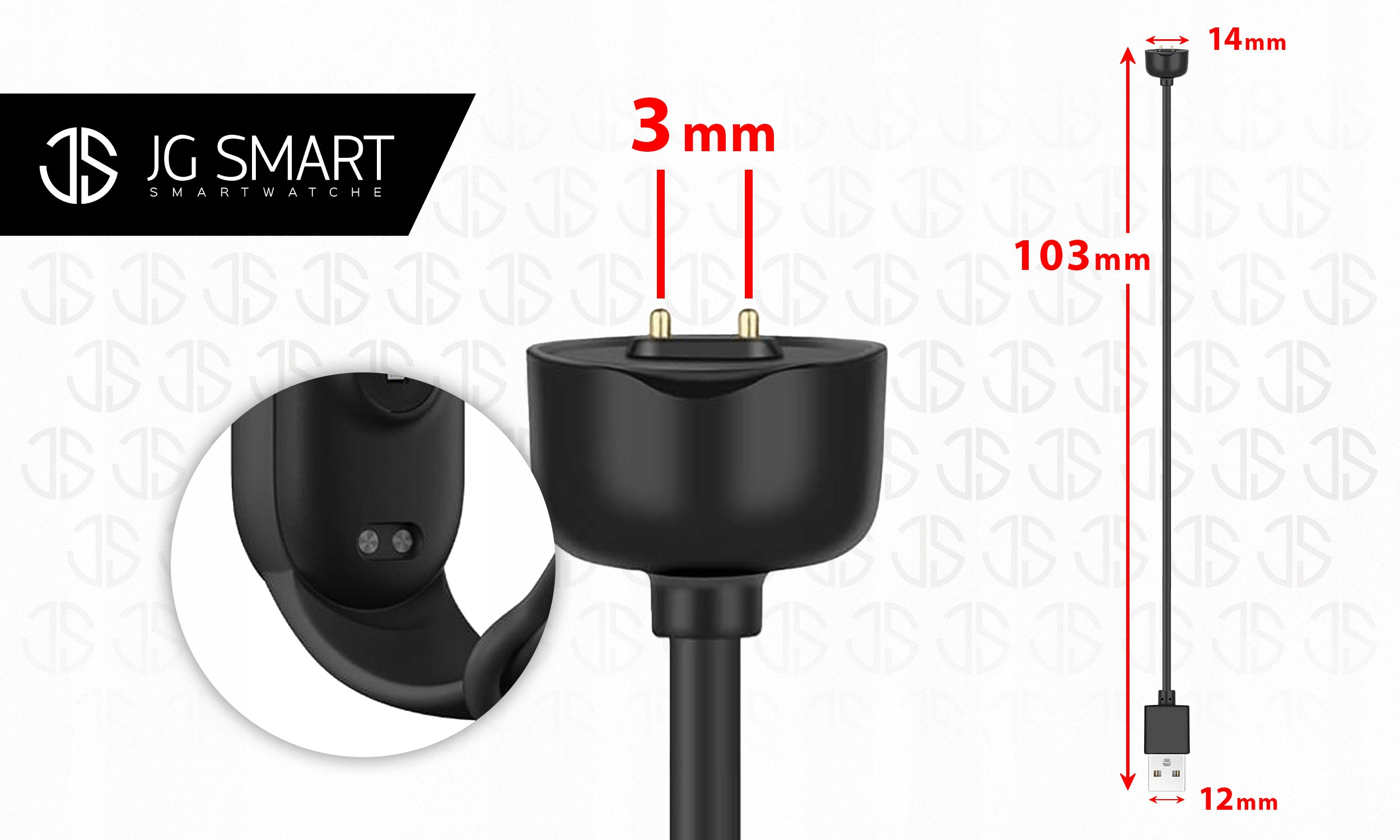 Czarny kabel do ładowania ze złączem USB, długość 103mm. Wymiary 3mm i 14mm.