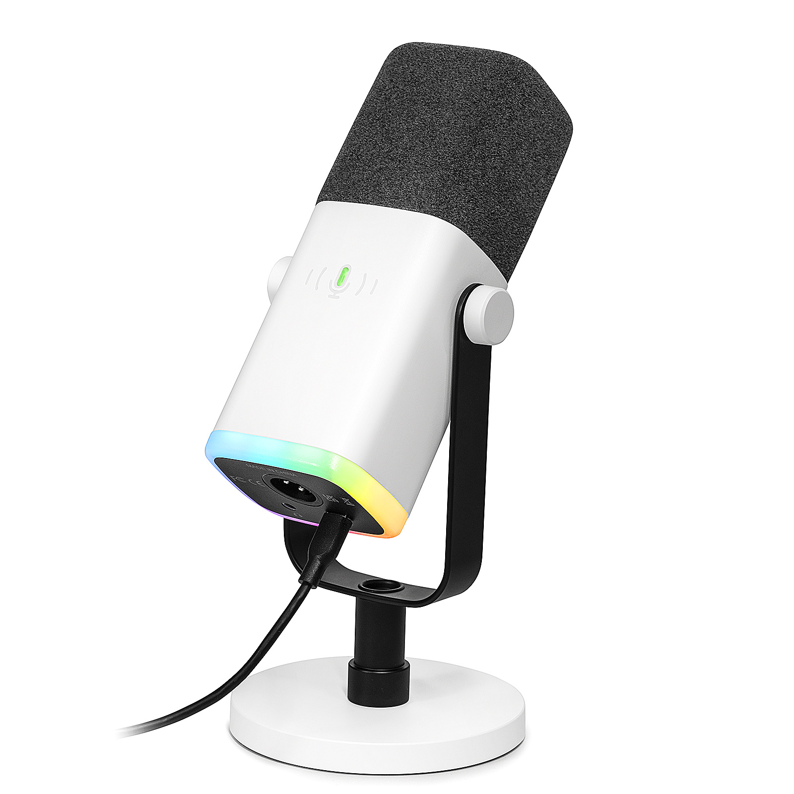 Biały mikrofon z czarną piankową głowicą i oświetleniem RGB u podstawy.