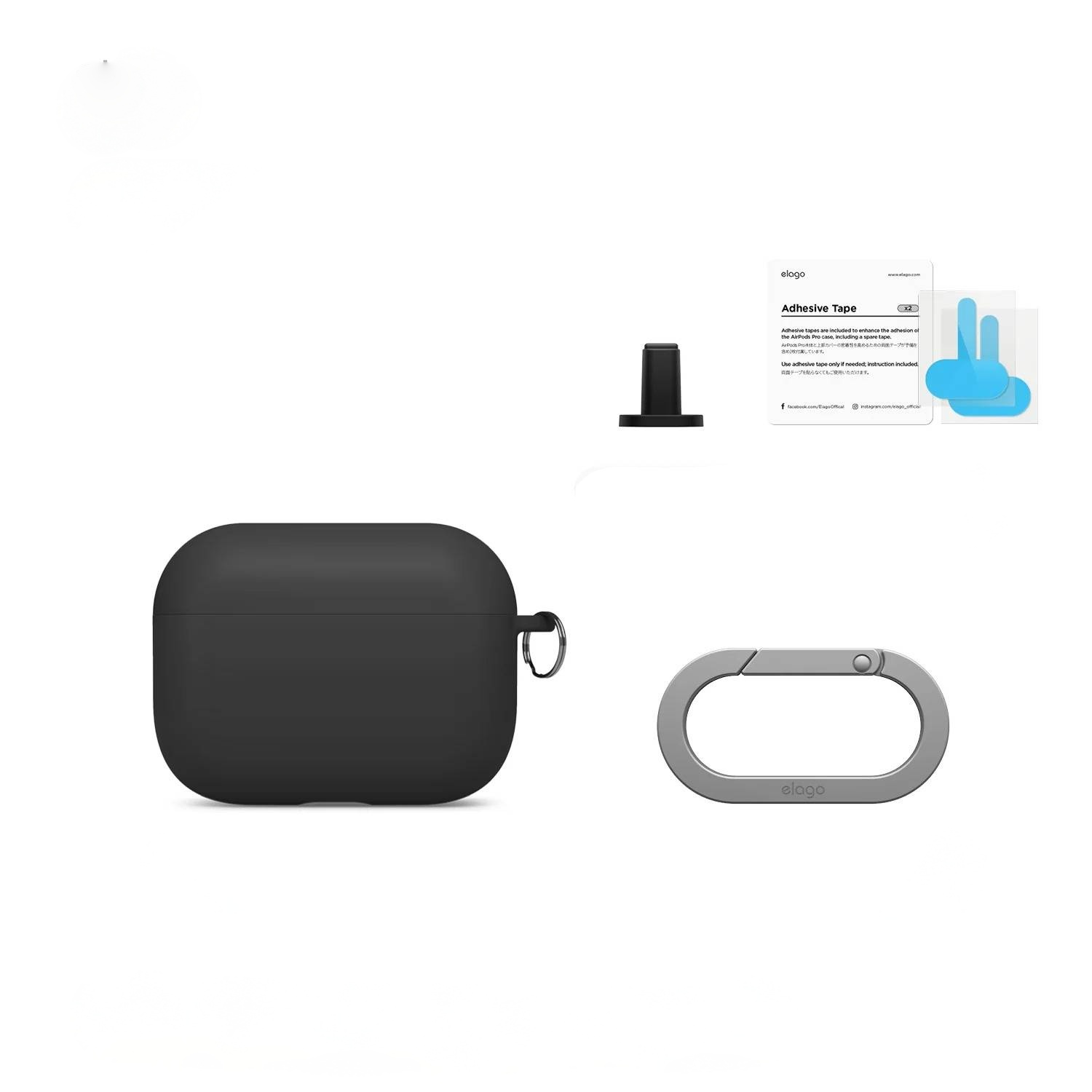 Czarne etui AirPods, karabińczyk i taśma klejąca z instrukcjami.