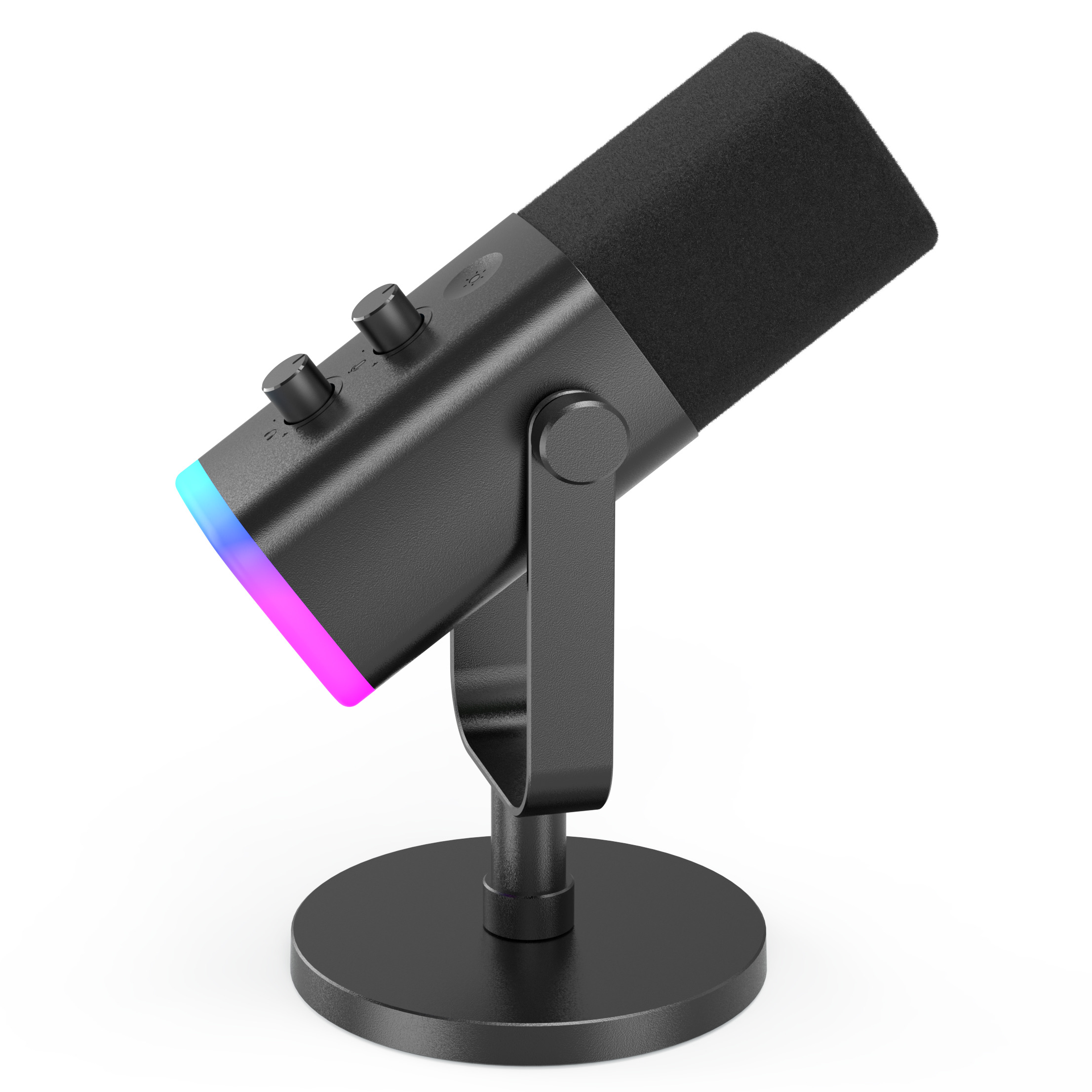 Czarny mikrofon z podświetleniem RGB na okrągłej podstawie.