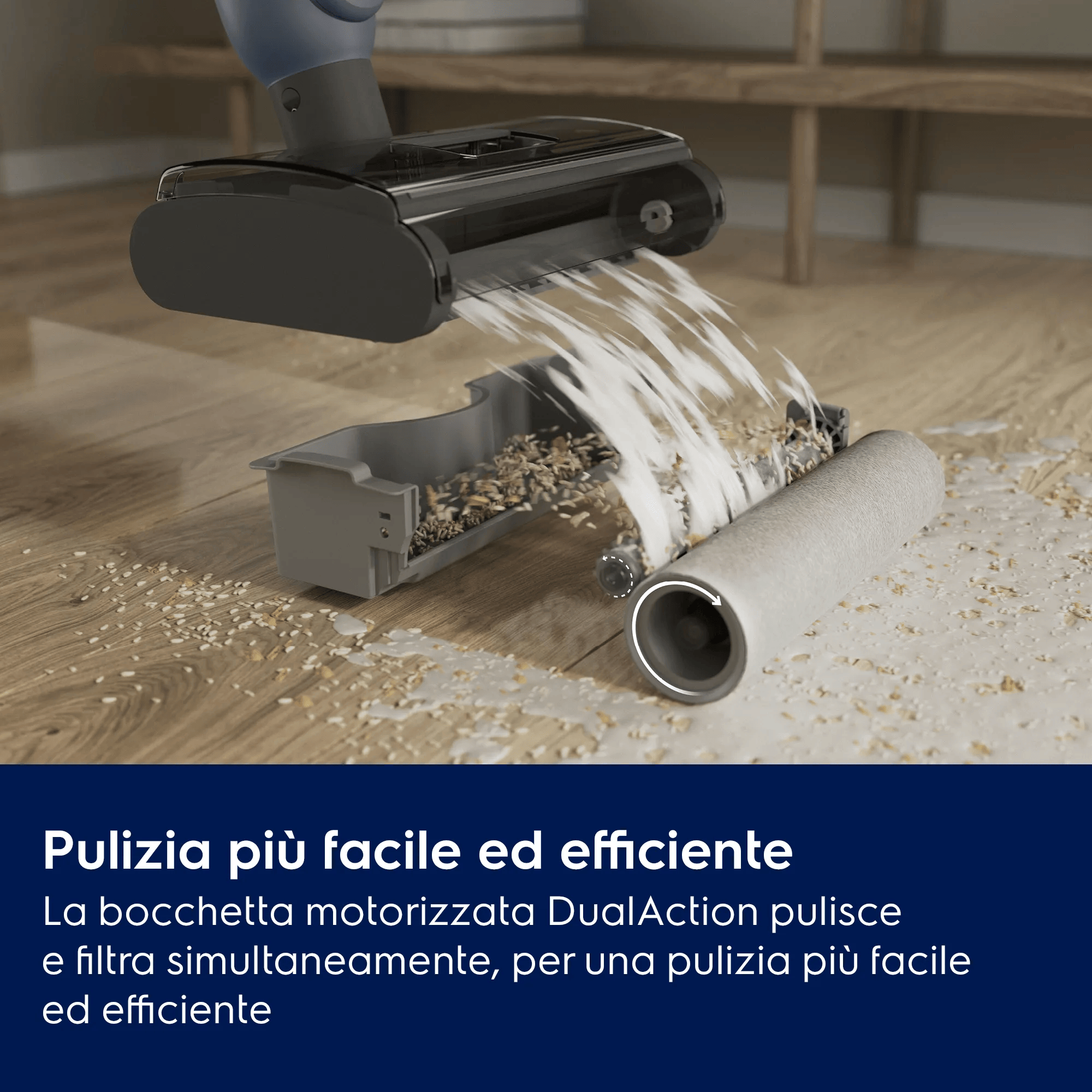 La bocchetta pulisce e filtra simultaneamente su un pavimento in legno.