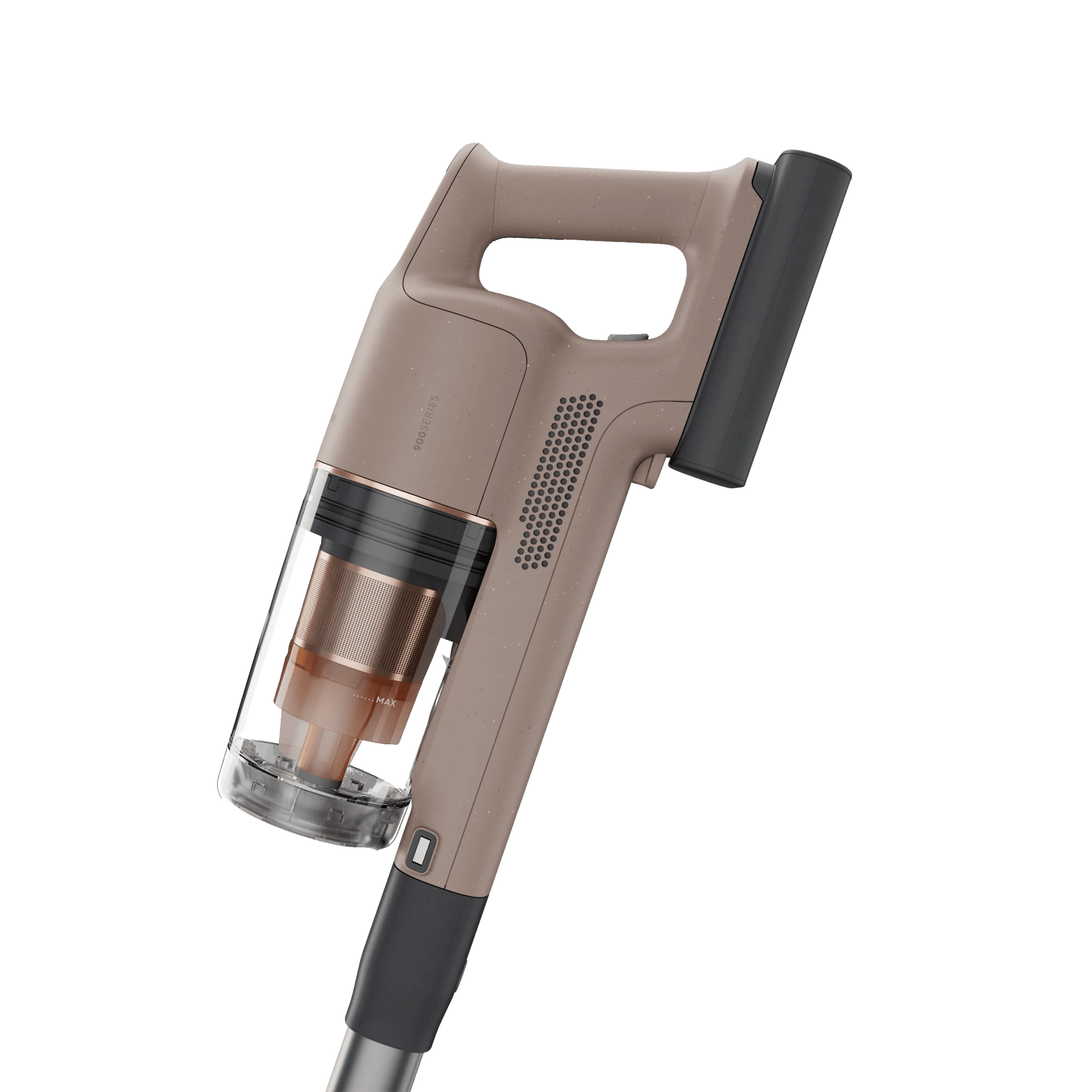 Un aspirapolvere portatile beige con contenitore trasparente e manico nero.