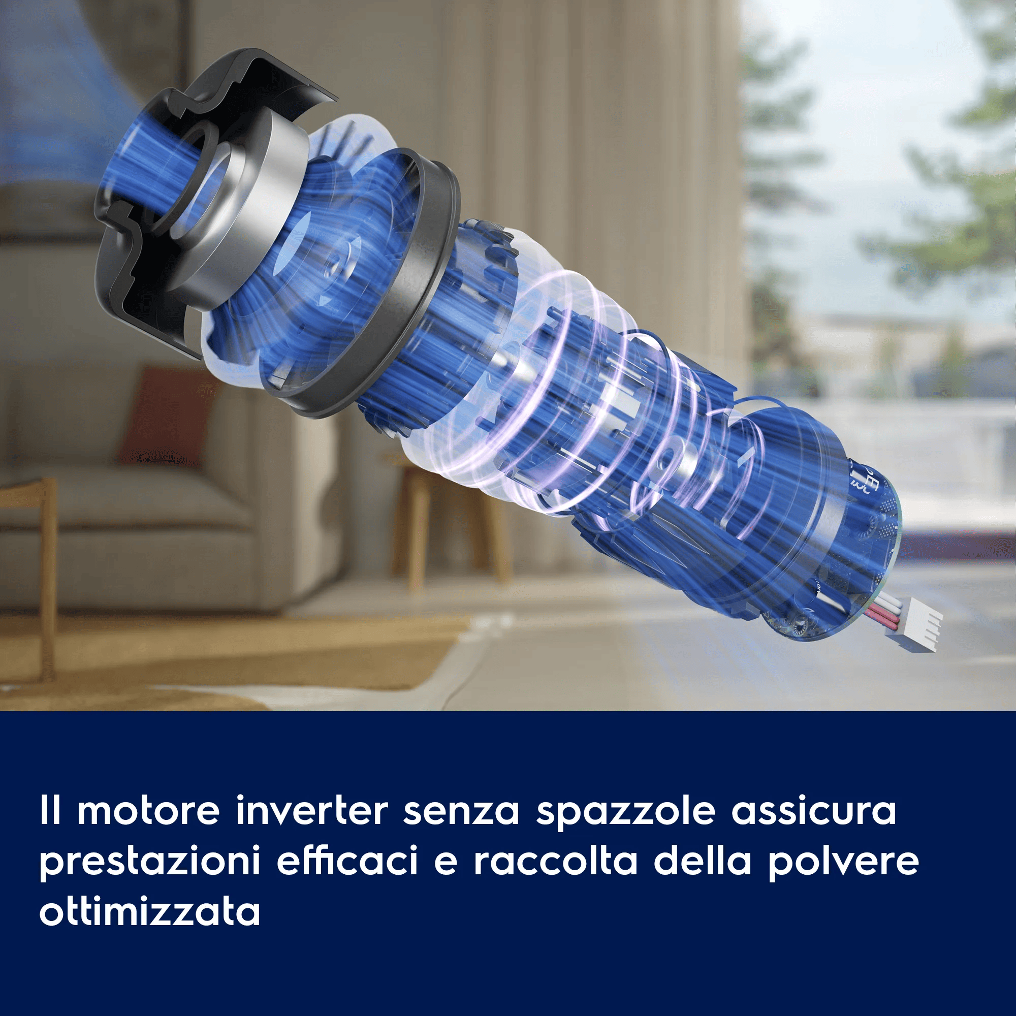 Un flusso d'aria blu attraversa un motore con parti metalliche.