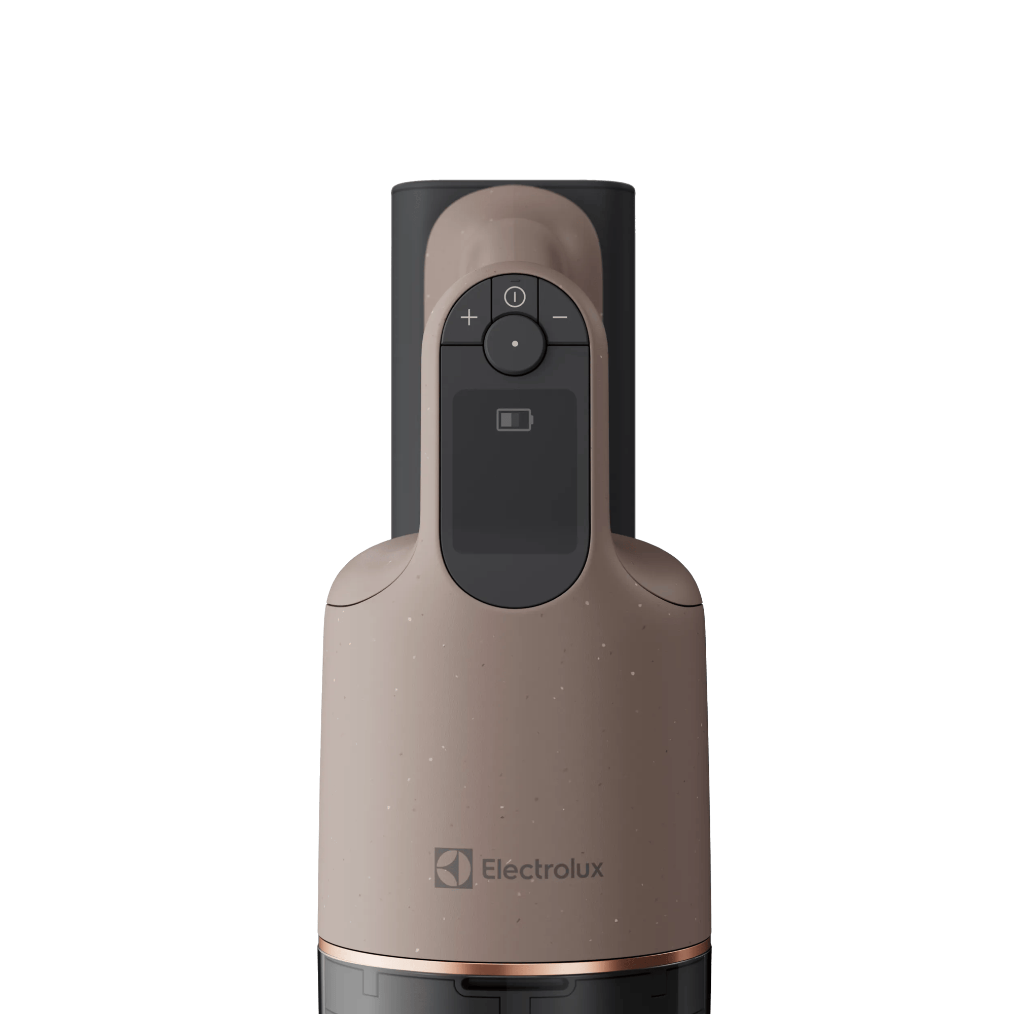 Primo piano di un manico di aspirapolvere con controlli e indicatore batteria. Logo Electrolux.