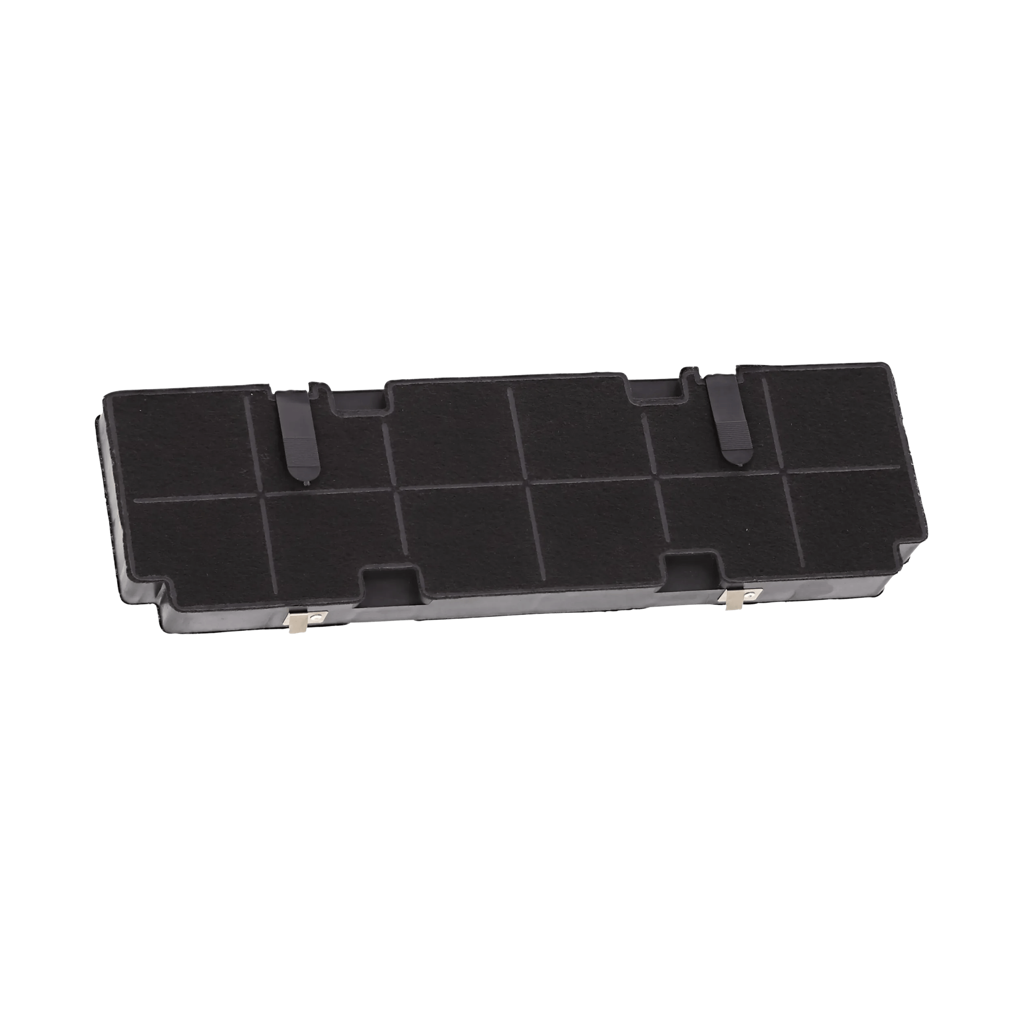 Un filtro de carbón rectangular negro con clips metálicos en los lados.