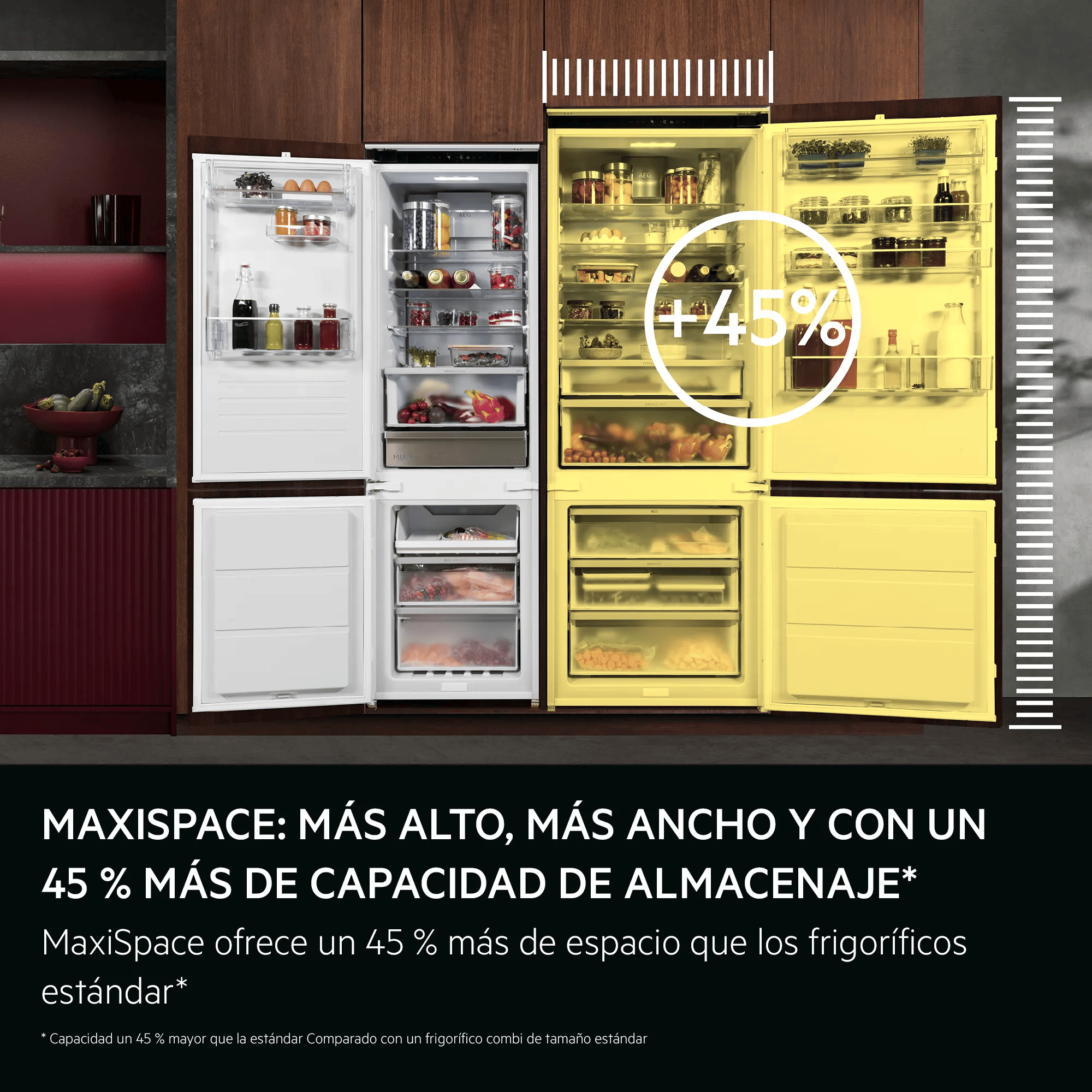 Dos frigoríficos abiertos con alimentos y un indicador de capacidad de +45%.