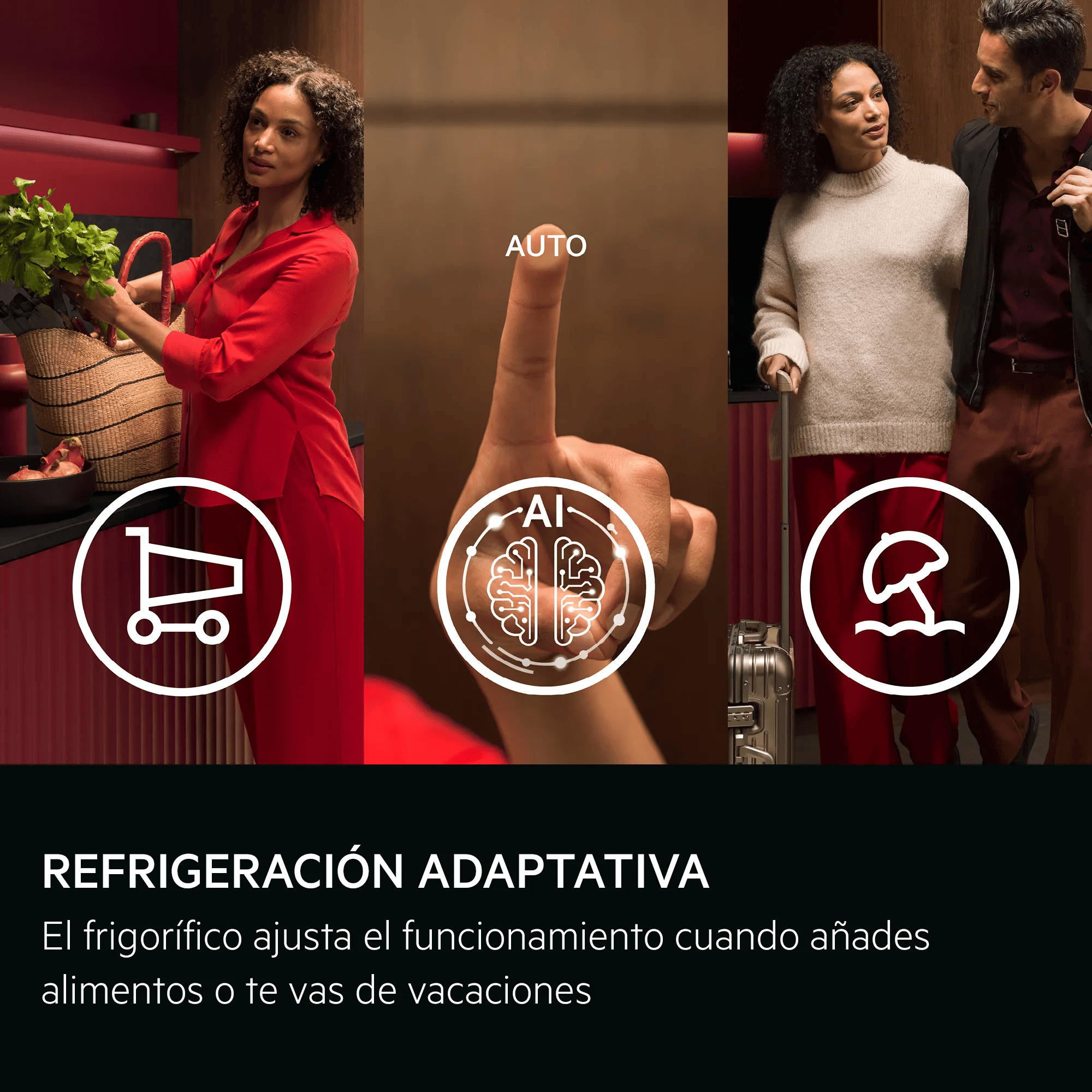 Mujeres en cocina, hombre con maleta, icono IA.