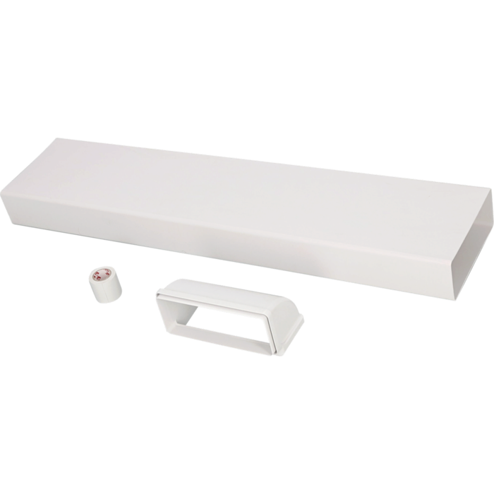 Un conducto rectangular blanco, un conector y un rollo de cinta sobre fondo negro.