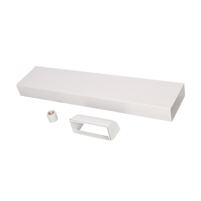 Un conducto rectangular blanco, un conector y cinta sobre fondo blanco.