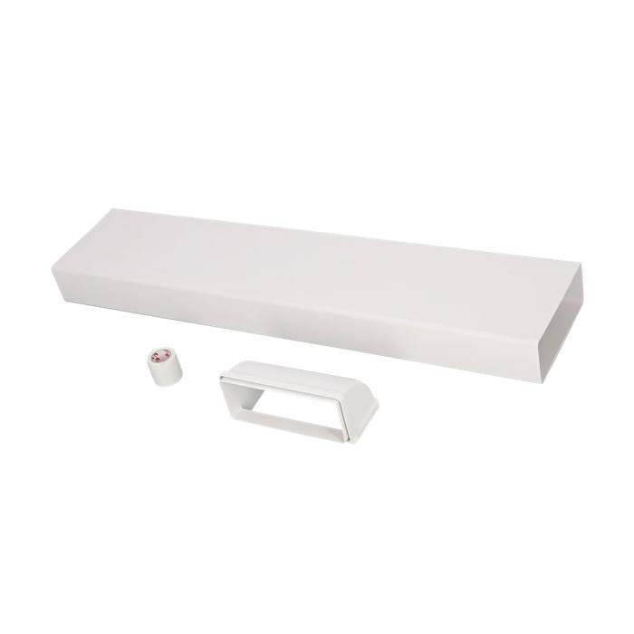 Conducto rectangular blanco con accesorio blanco y rollo de cinta sobre fondo blanco.
