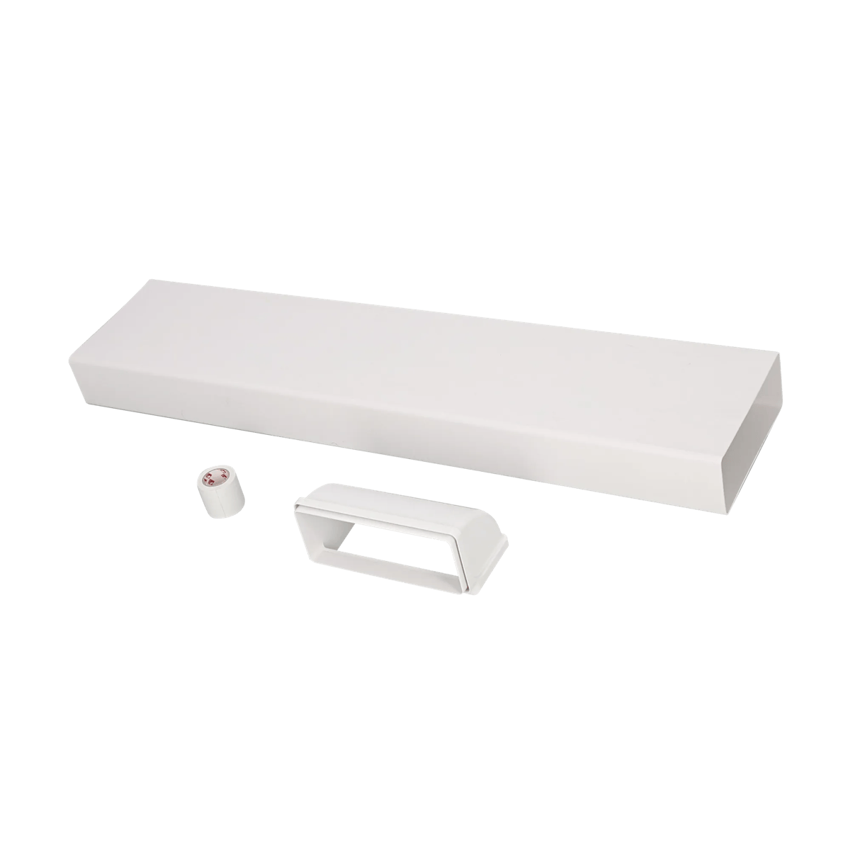 Un conducto rectangular blanco, un conector blanco y un rollo de cinta sobre fondo blanco.
