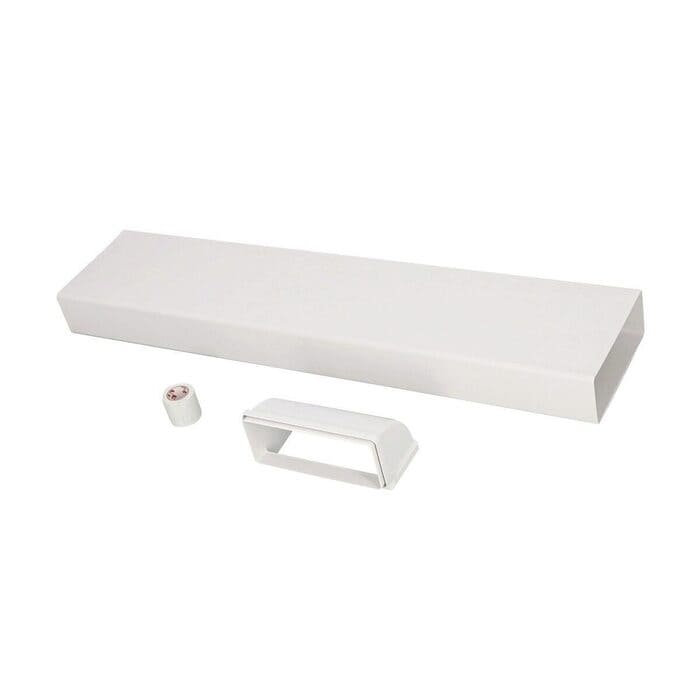 Un conducto rectangular blanco, un soporte rectangular y un rollo pequeño sobre fondo blanco.