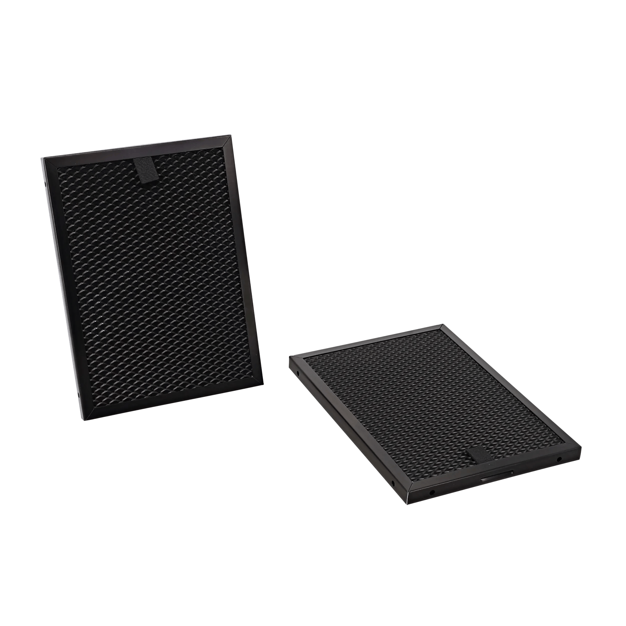 Dos filtros rectangulares negros con patrón de panal sobre fondo blanco.