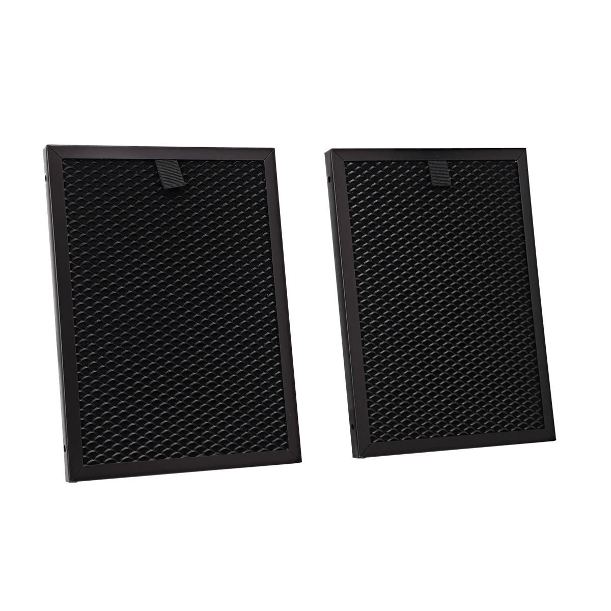 Dos filtros rectangulares negros con patrón de rejilla sobre fondo negro.