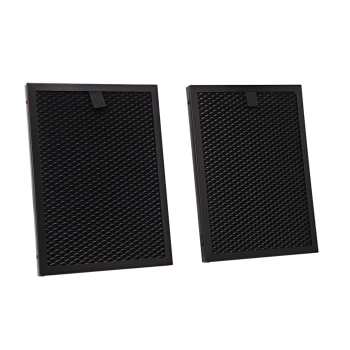Dos filtros de aire rectangulares negros con malla de panal sobre fondo blanco.