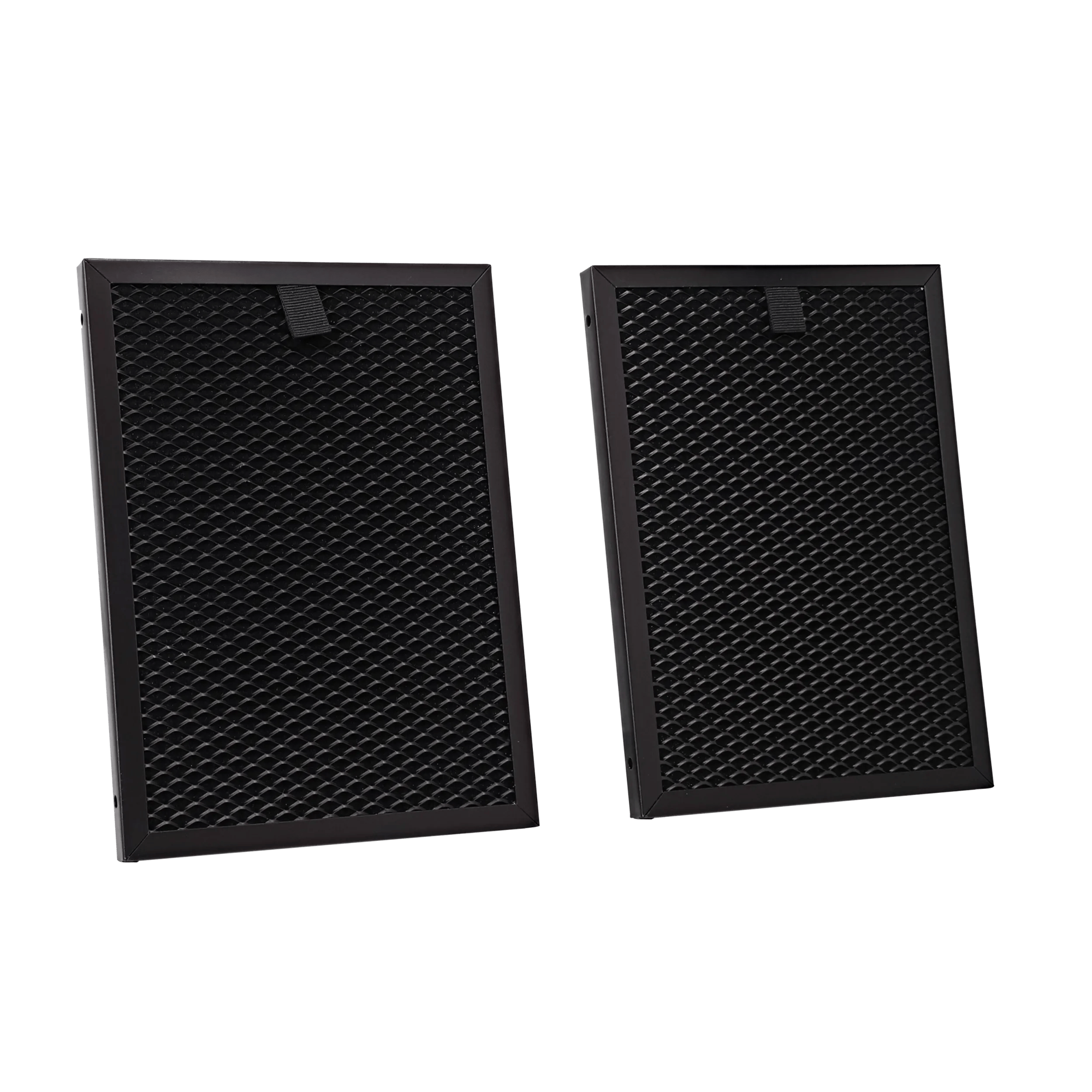 Dos filtros rectangulares negros con patrón de rejilla de panal sobre fondo blanco.