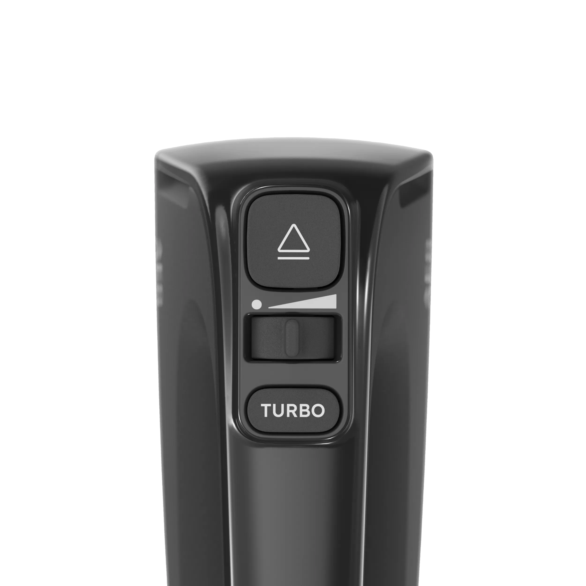 Primer plano de un mango negro con tres controles: icono de flecha hacia arriba, control deslizante y botón TURBO.