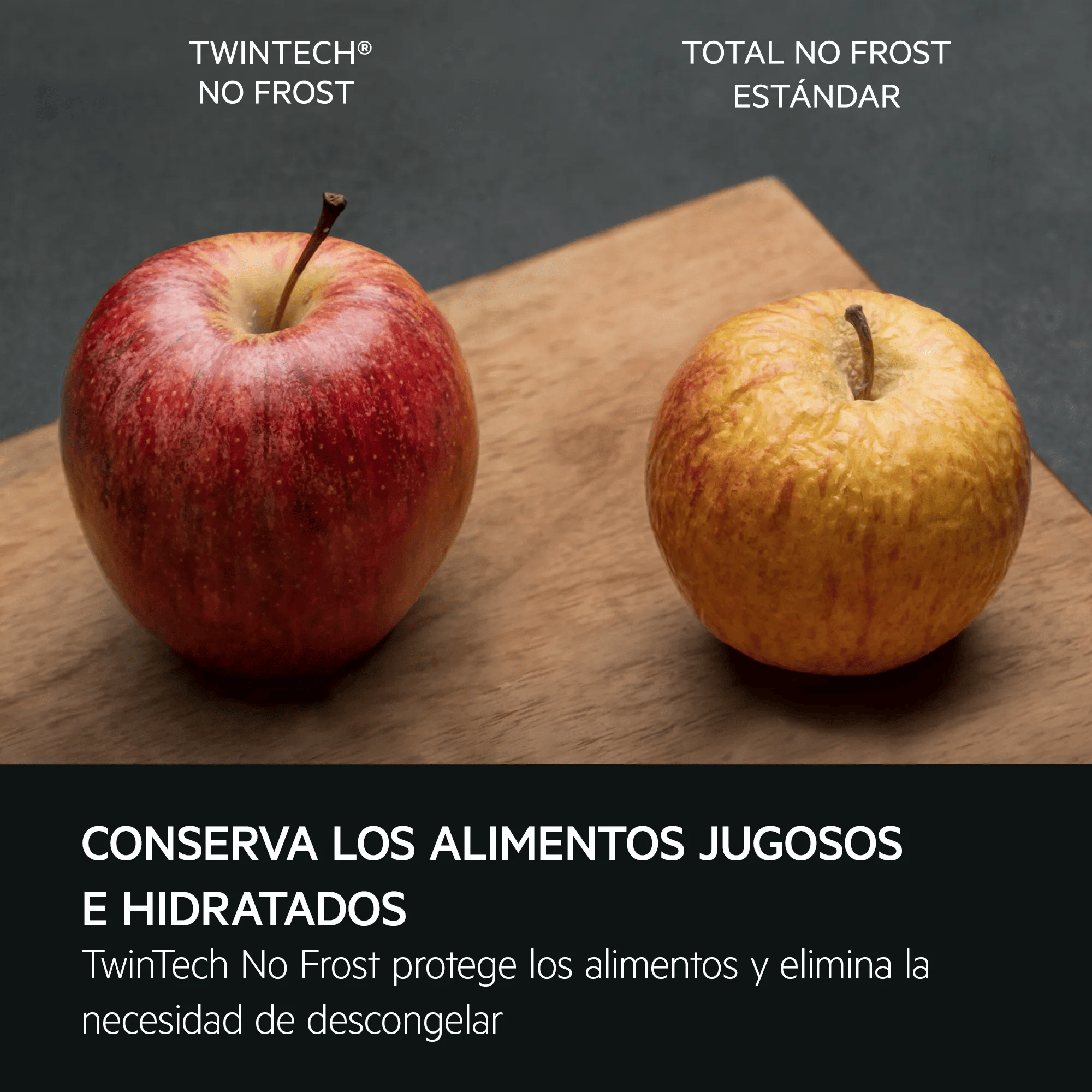 Una manzana roja y una amarilla en tabla de madera, comparando TwinTech No Frost.