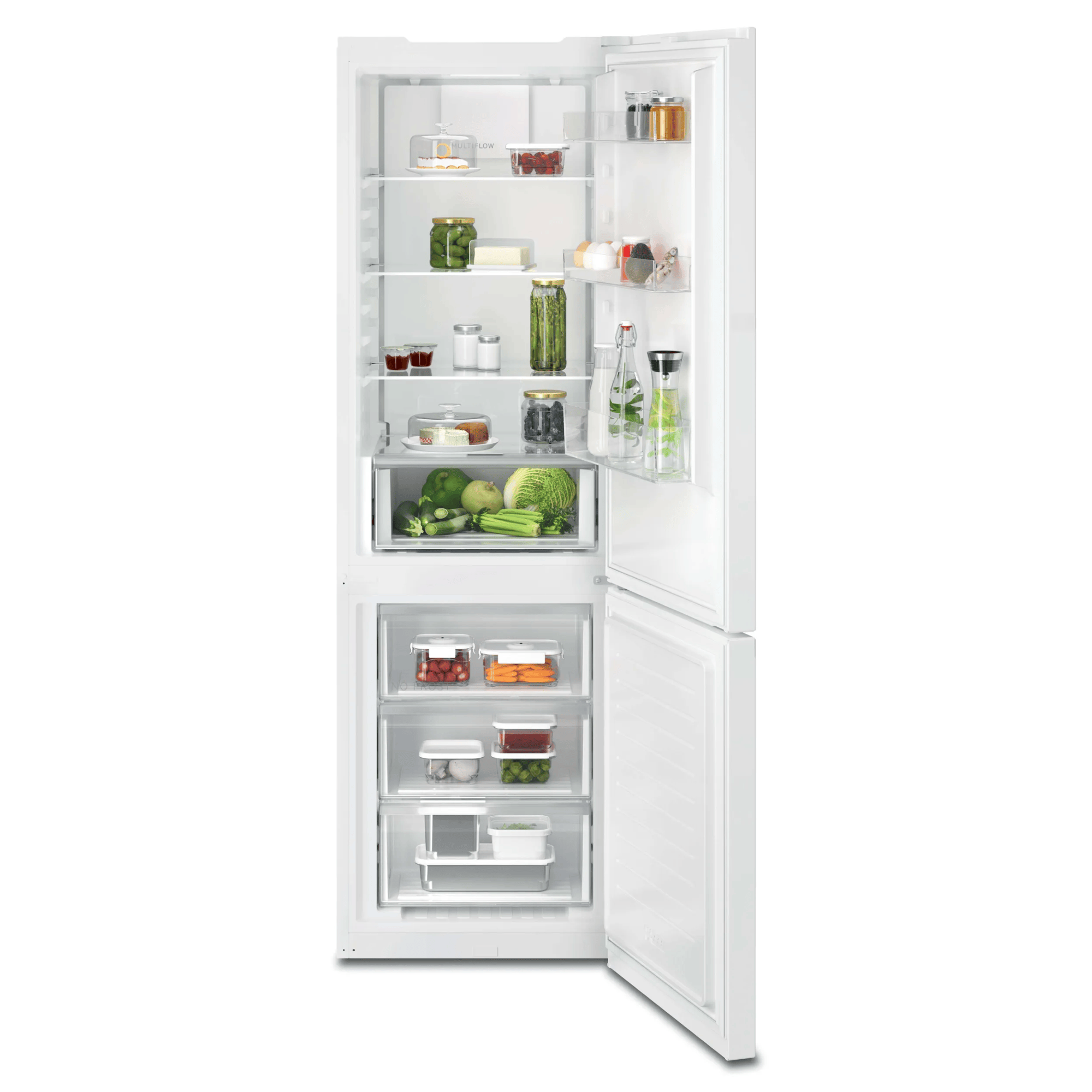 Un frigorífico blanco abierto con estantes y cajones llenos.